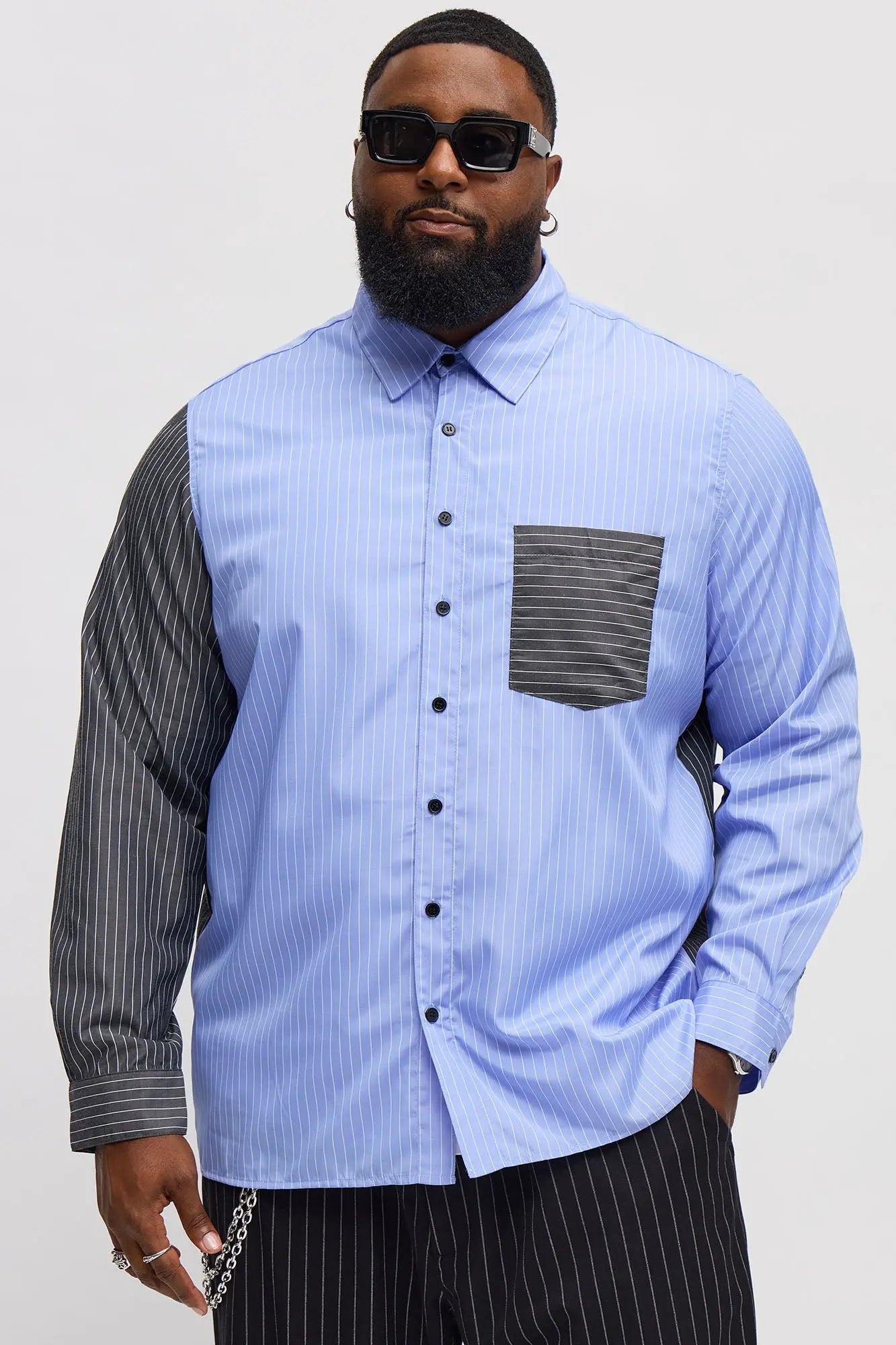 Split Up Pinstripe Button Down Shirt - Blue/combo