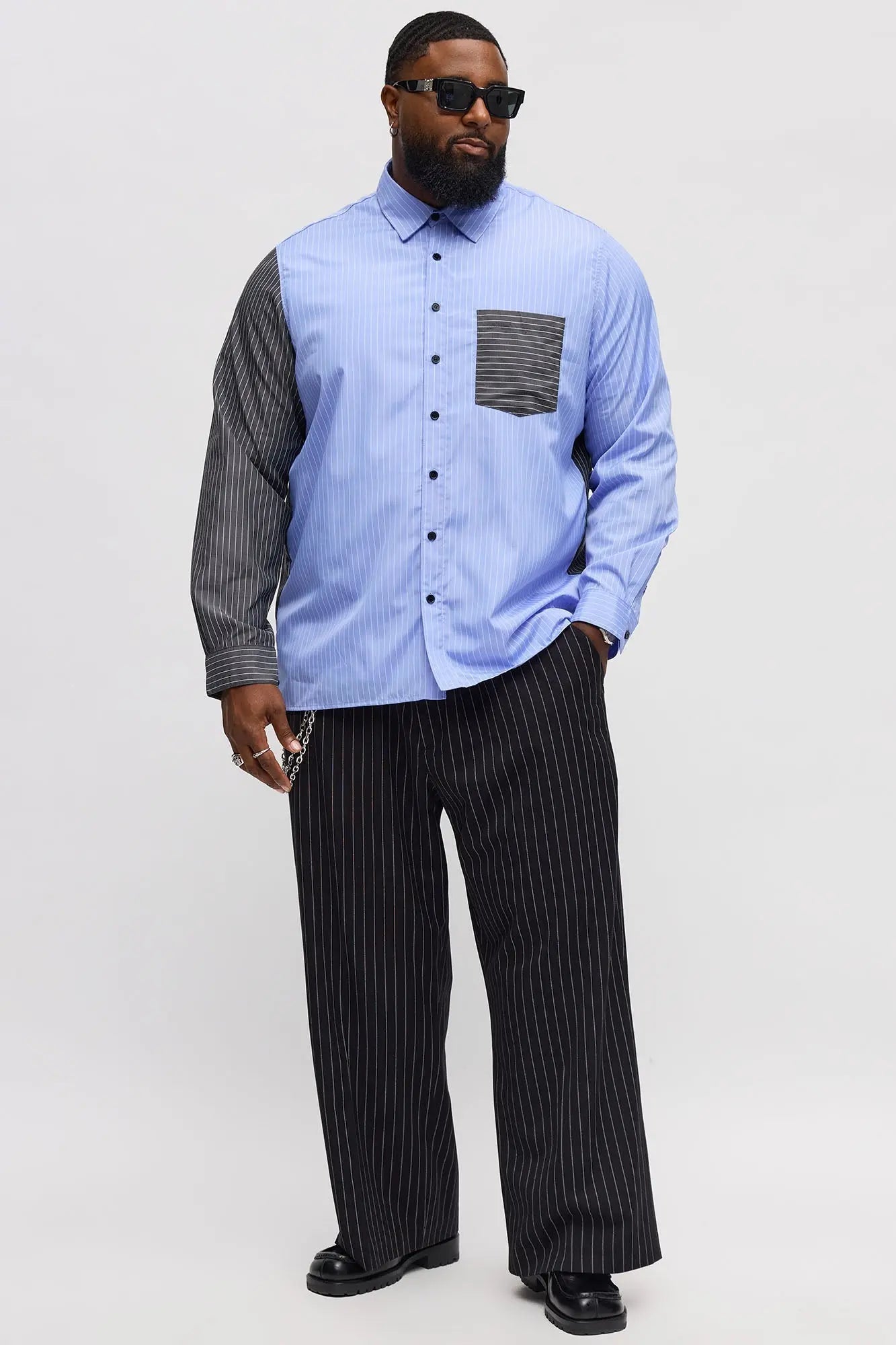 Split Up Pinstripe Button Down Shirt - Blue/combo