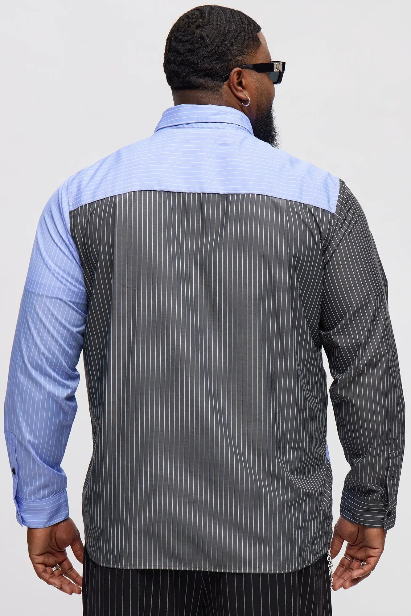 Split Up Pinstripe Button Down Shirt - Blue/combo