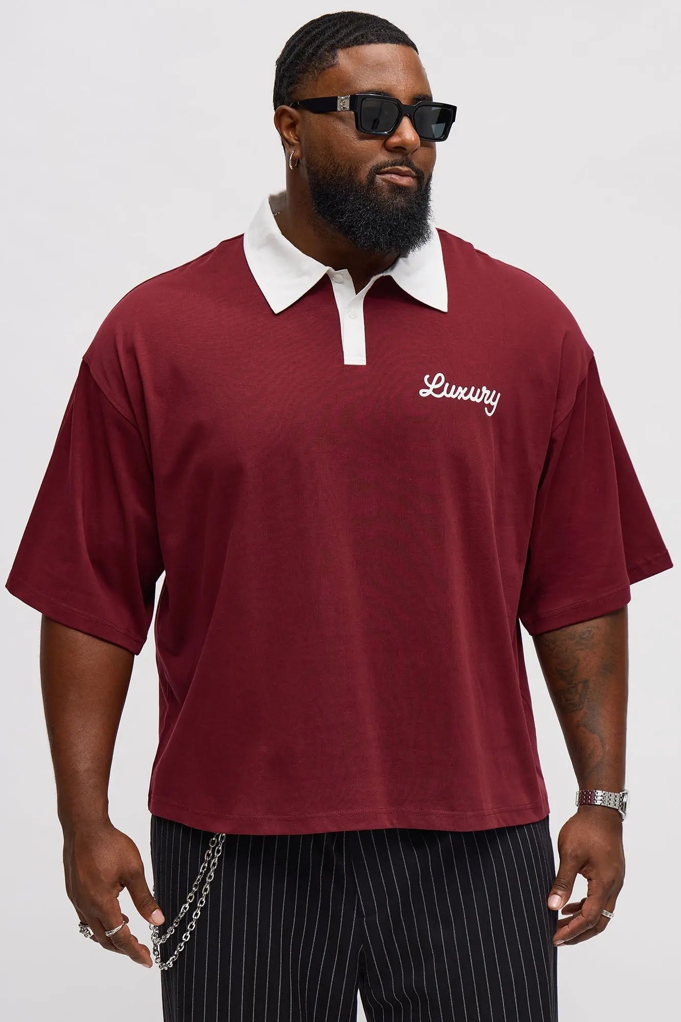 Luxury Pearl Embellished Short Sleeve Polo - Burgundy/combo