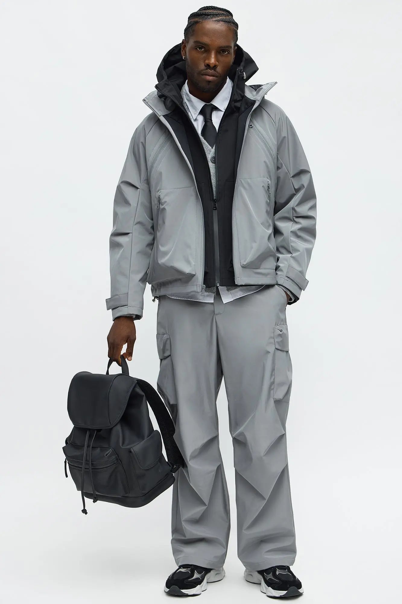 Relaxed Peak Hooded Tech Zip Jacket - Grey