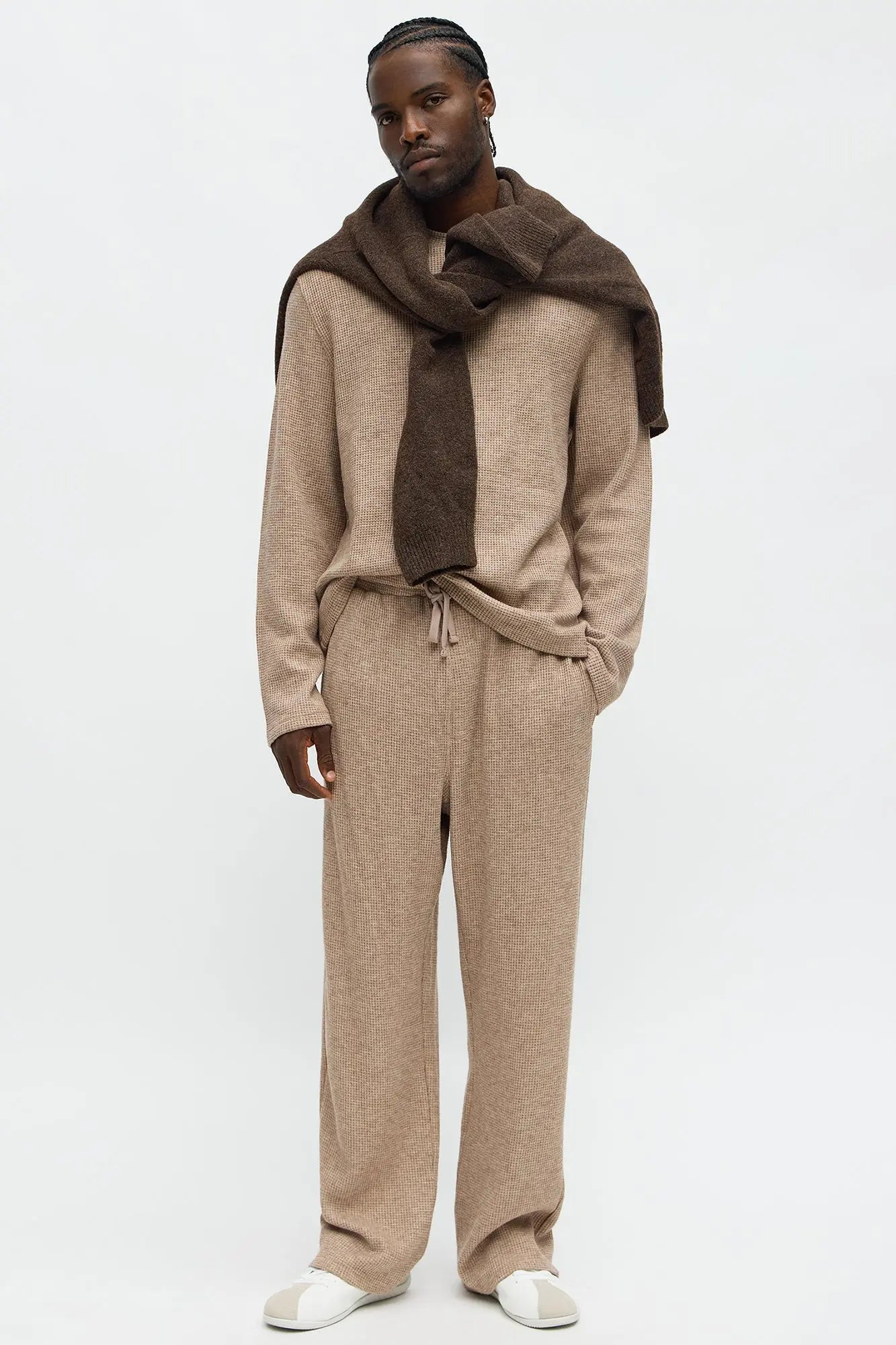 Relaxed Straight Cozy Waffle Textured Pant - Tan