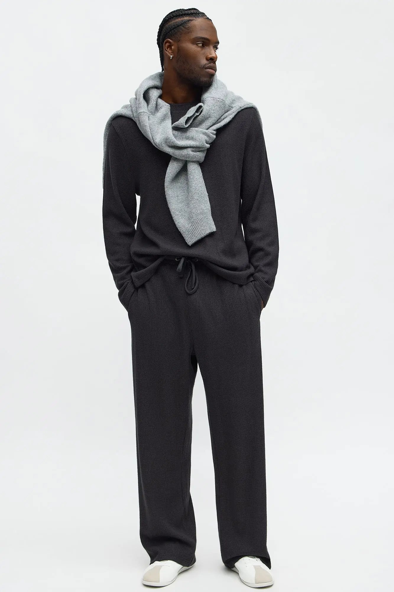 Relaxed Straight Cozy Waffle Textured Pant - Charcoal