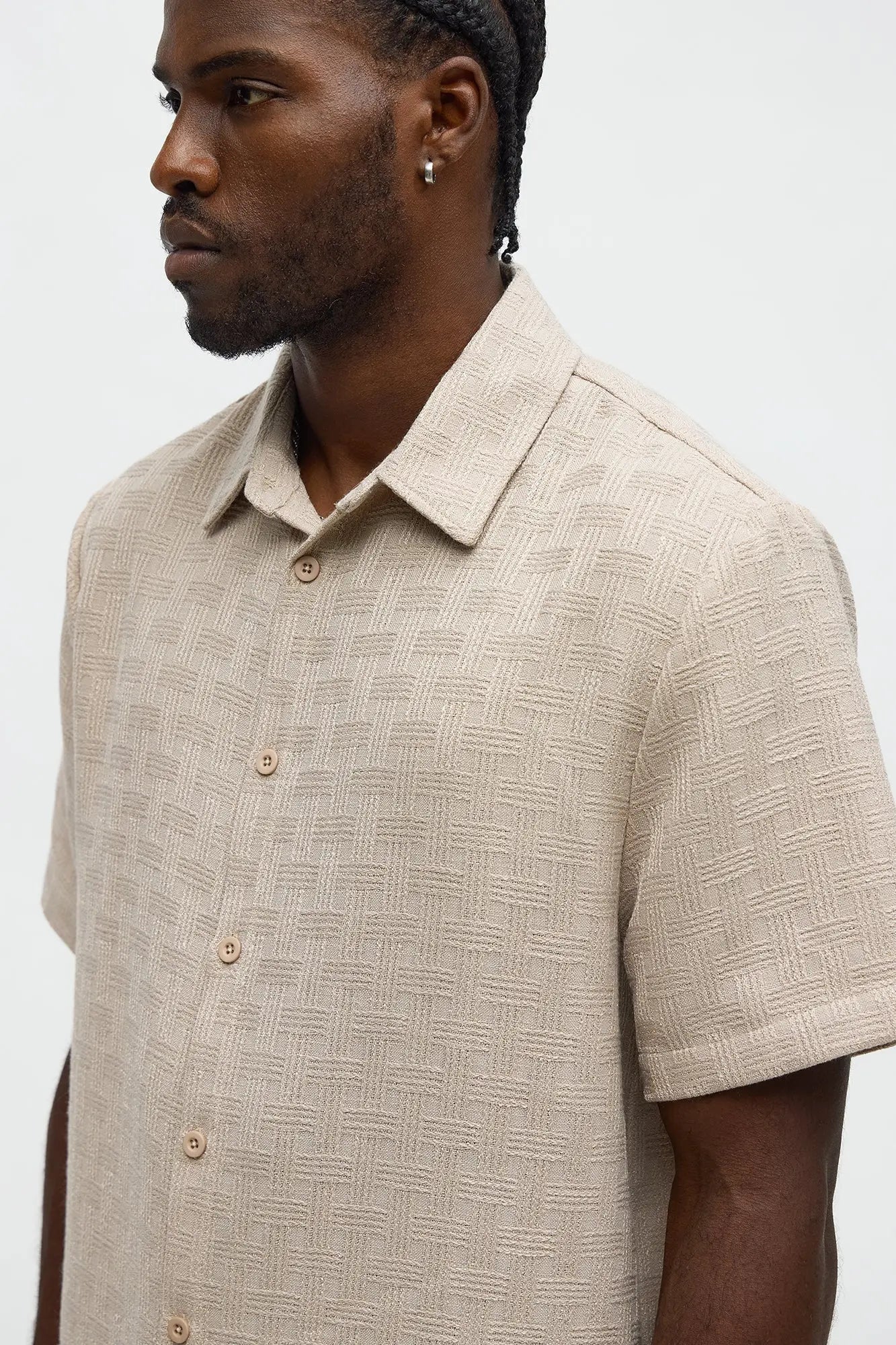 Crosshatch Textured Short Sleeve Button Up Shirt - Taupe