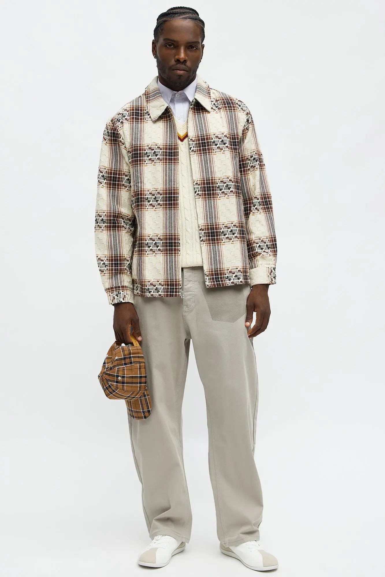 Plaid Zip Up Shirt - Brown Combo