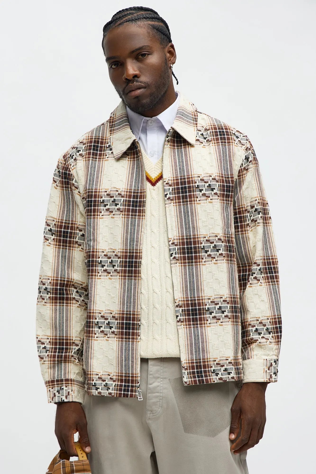 Plaid Zip Up Shirt - Brown Combo