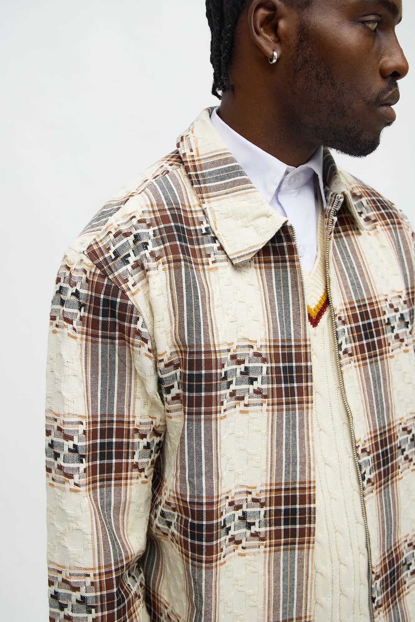 Plaid Zip Up Shirt - Brown Combo