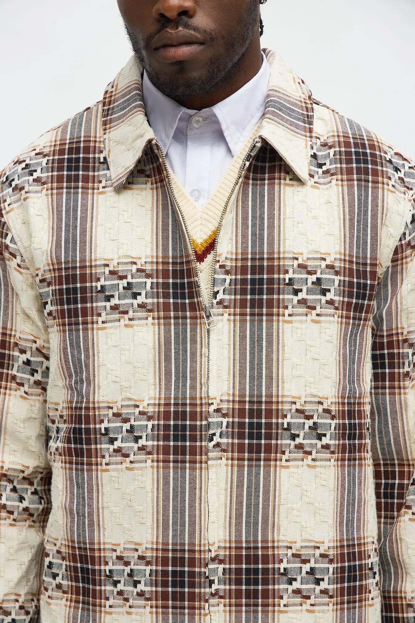 Plaid Zip Up Shirt - Brown Combo