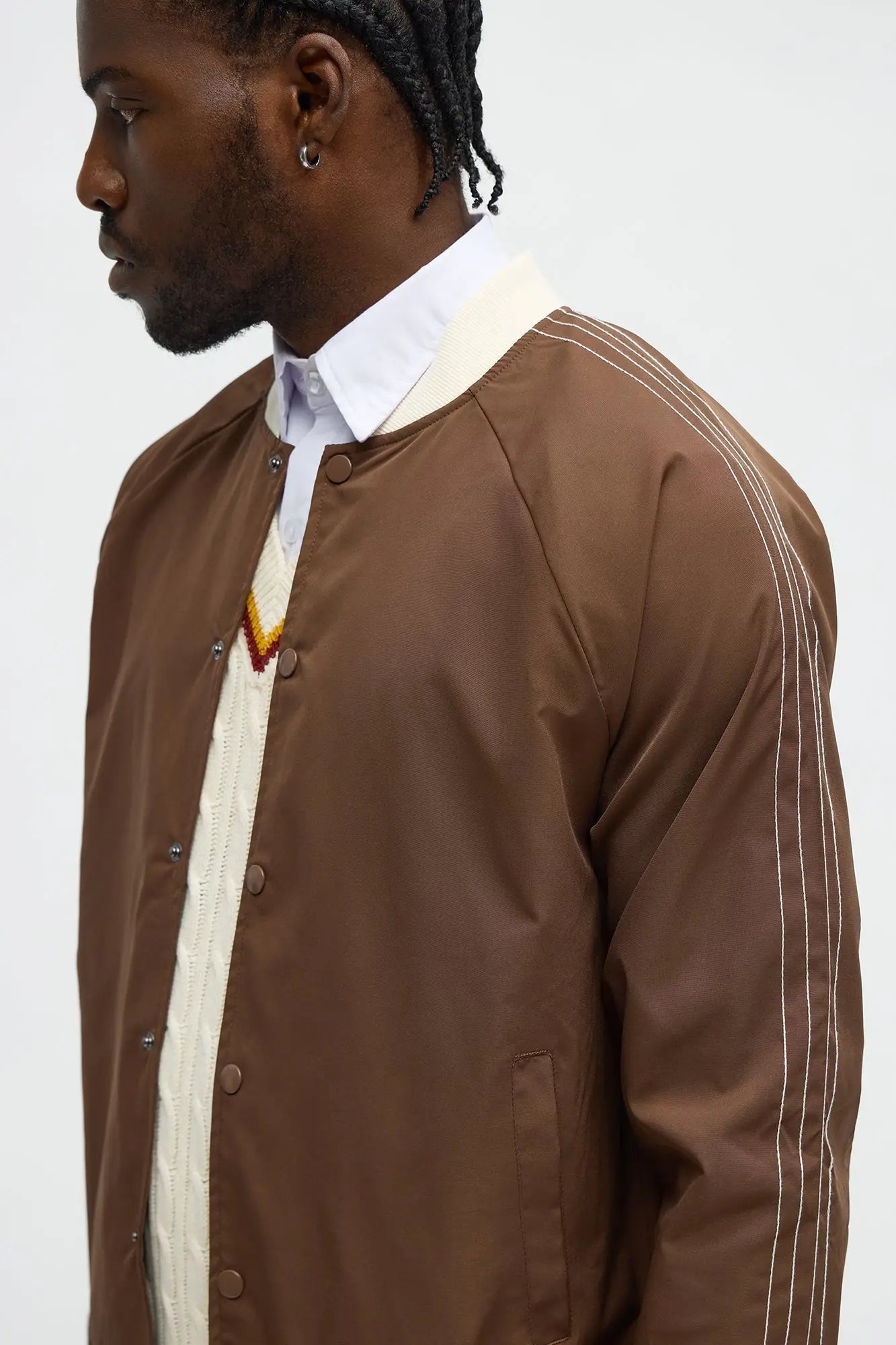 Suit Up Contrast Tipped Bomber Jacket - Brown