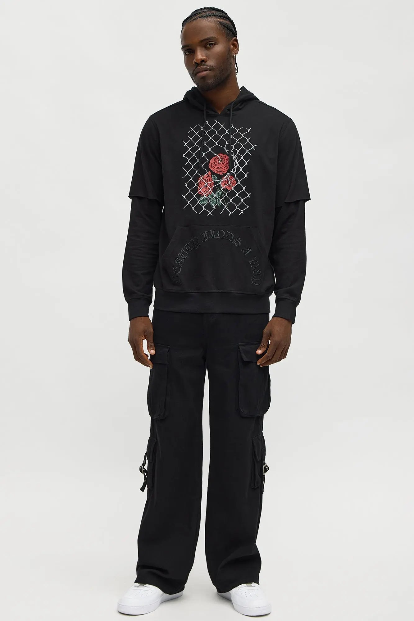 Graphic Hooded Twofer Shirt - Black