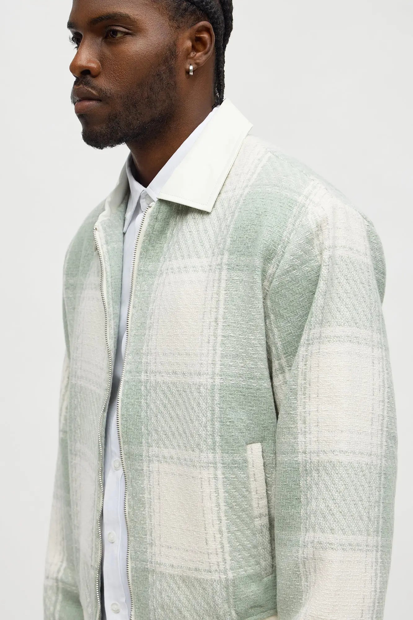 Tweed Plaid Bomber Jacket - Sage