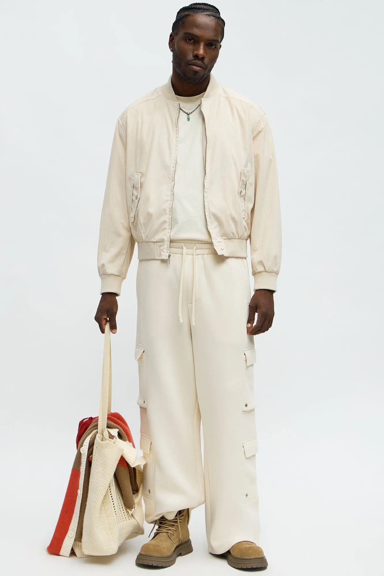 Relaxed Corduroy Rugged Bomber Jacket - Cream