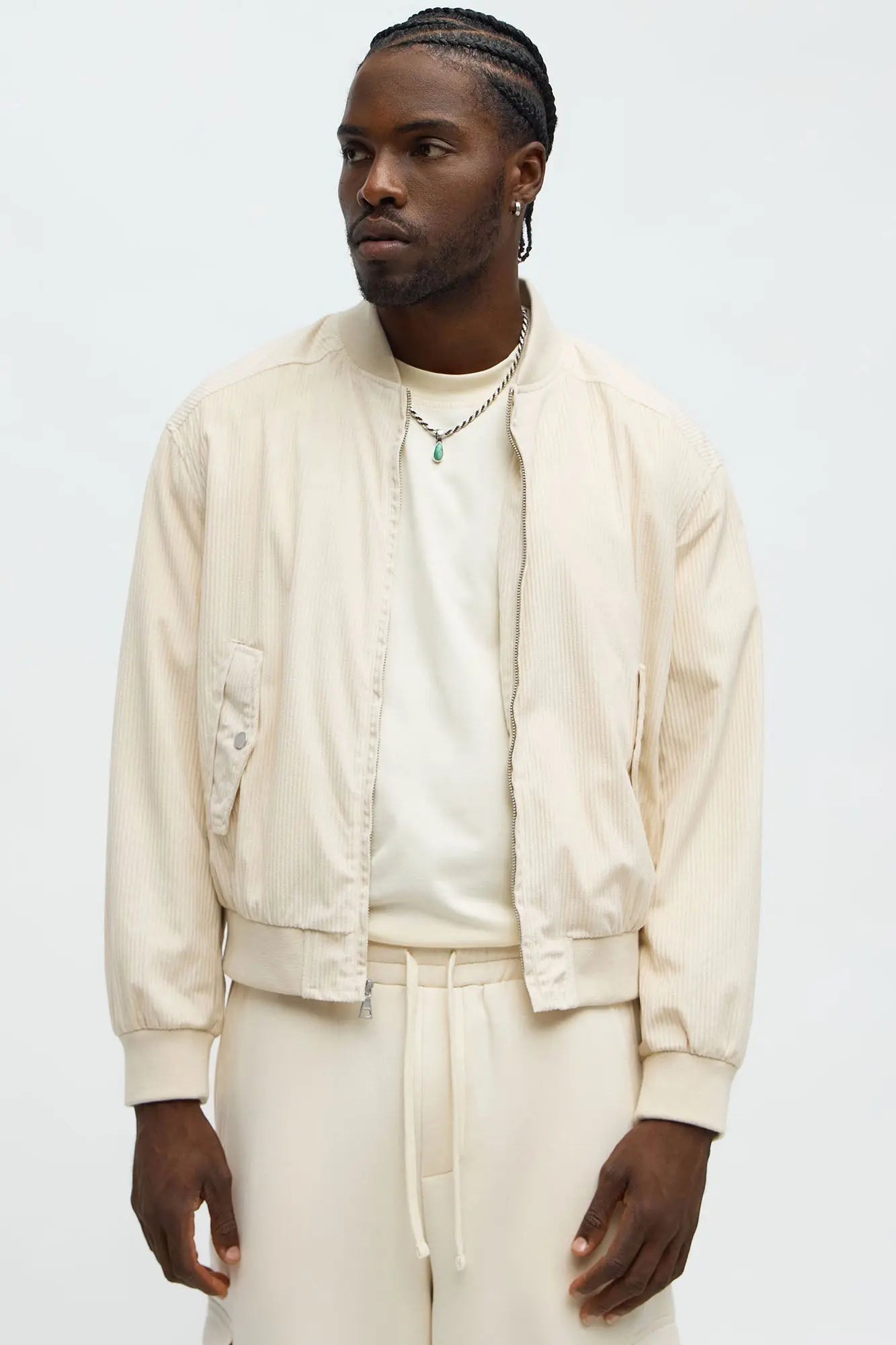Relaxed Corduroy Rugged Bomber Jacket - Cream