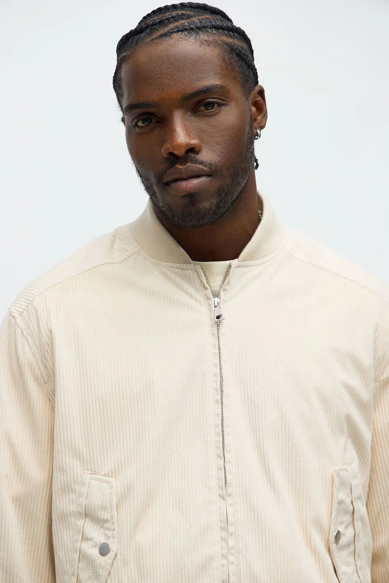 Relaxed Corduroy Rugged Bomber Jacket - Cream