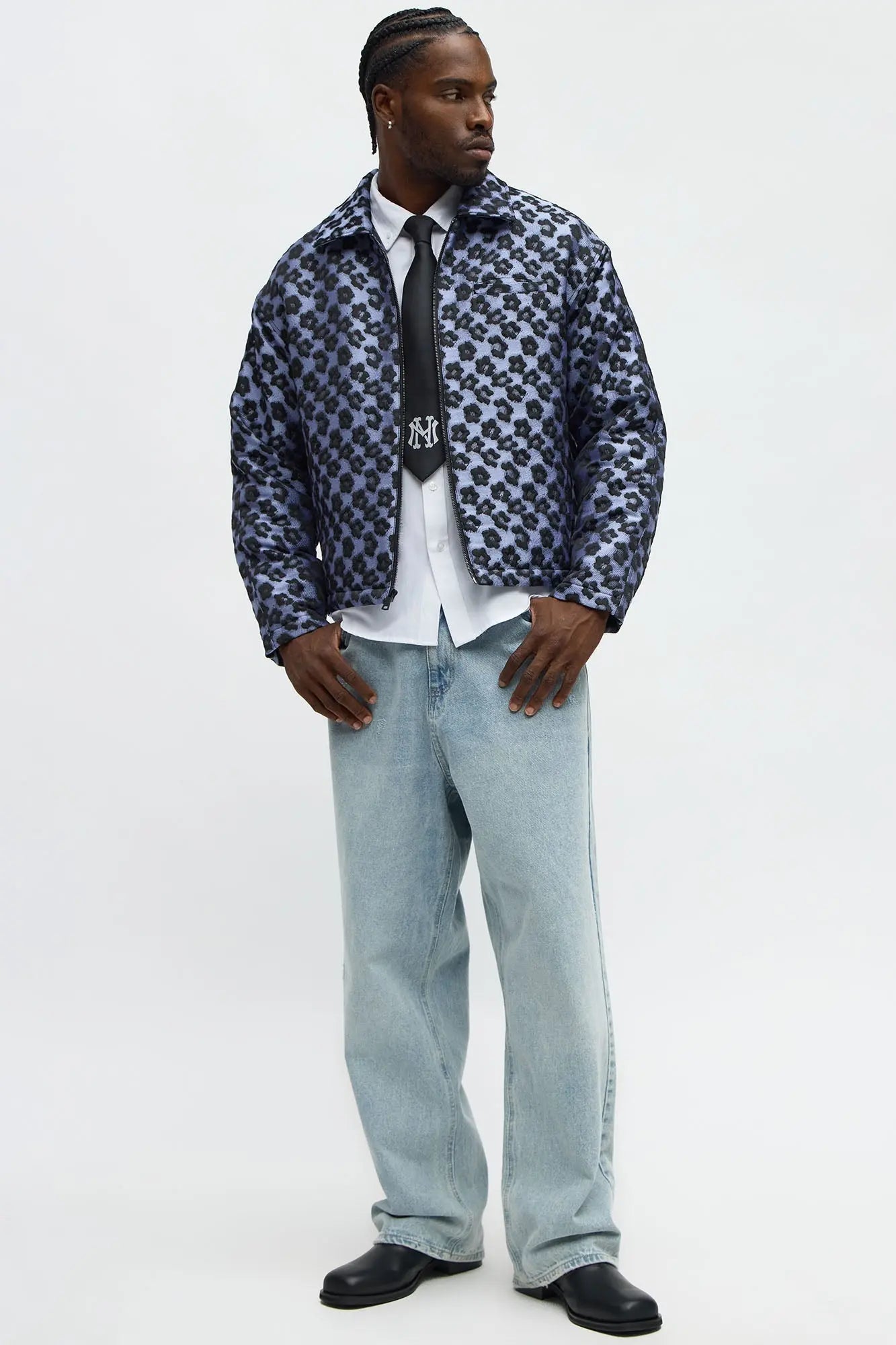 Relaxed Cropped Floral Jacquard Work Jacket - Purple