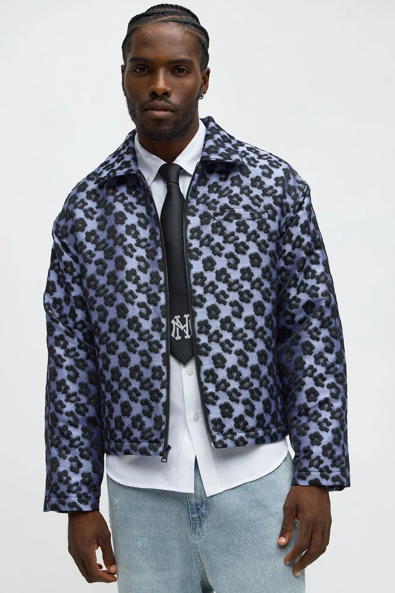 Relaxed Cropped Floral Jacquard Work Jacket - Purple