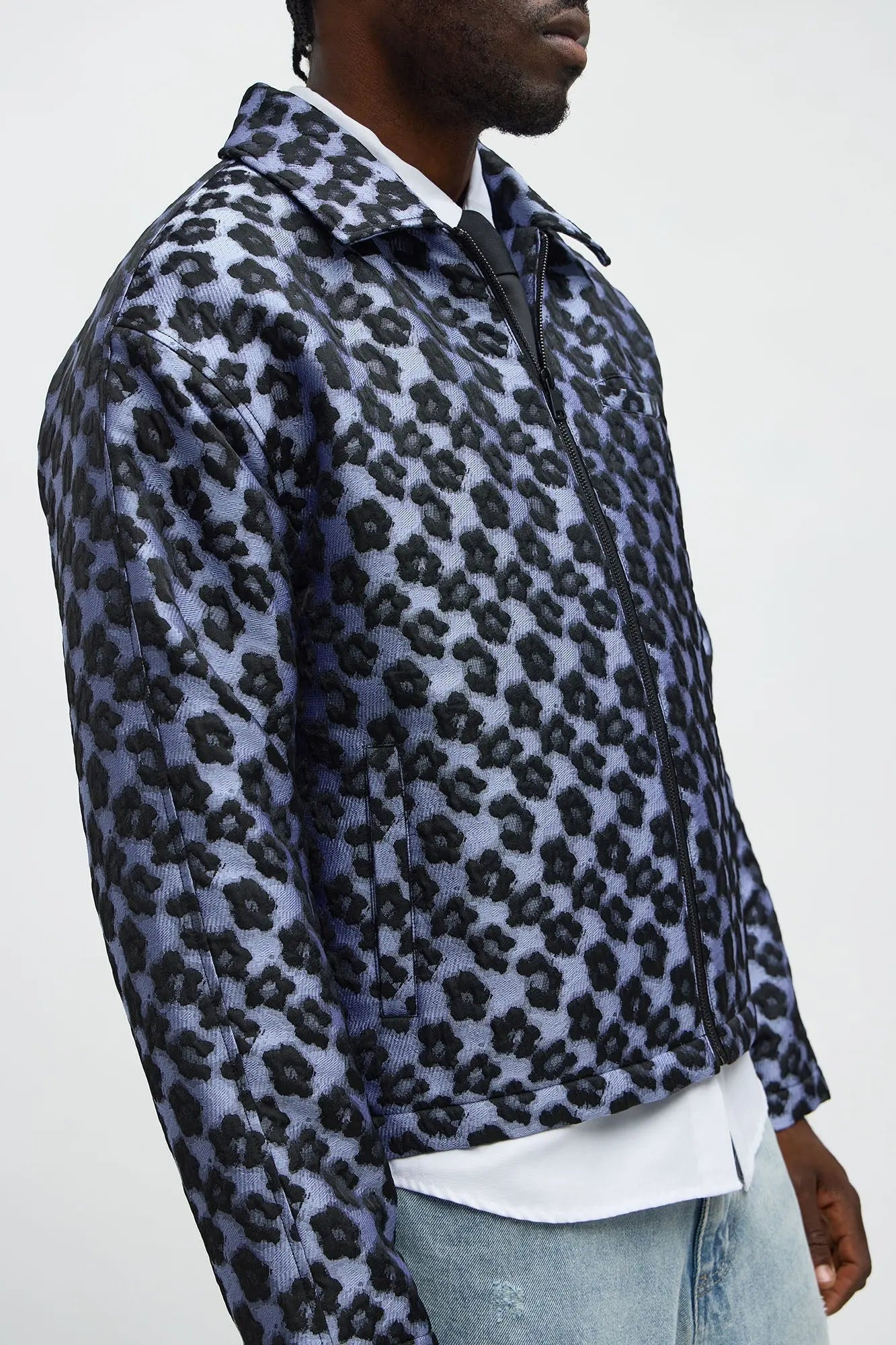 Relaxed Cropped Floral Jacquard Work Jacket - Purple