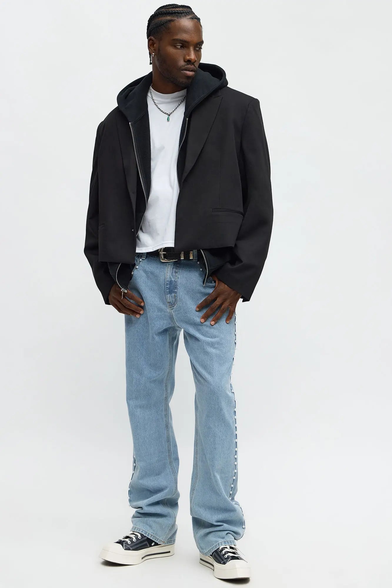 Stacked Slim Flare Pearls Along Side Jean - Light Wash