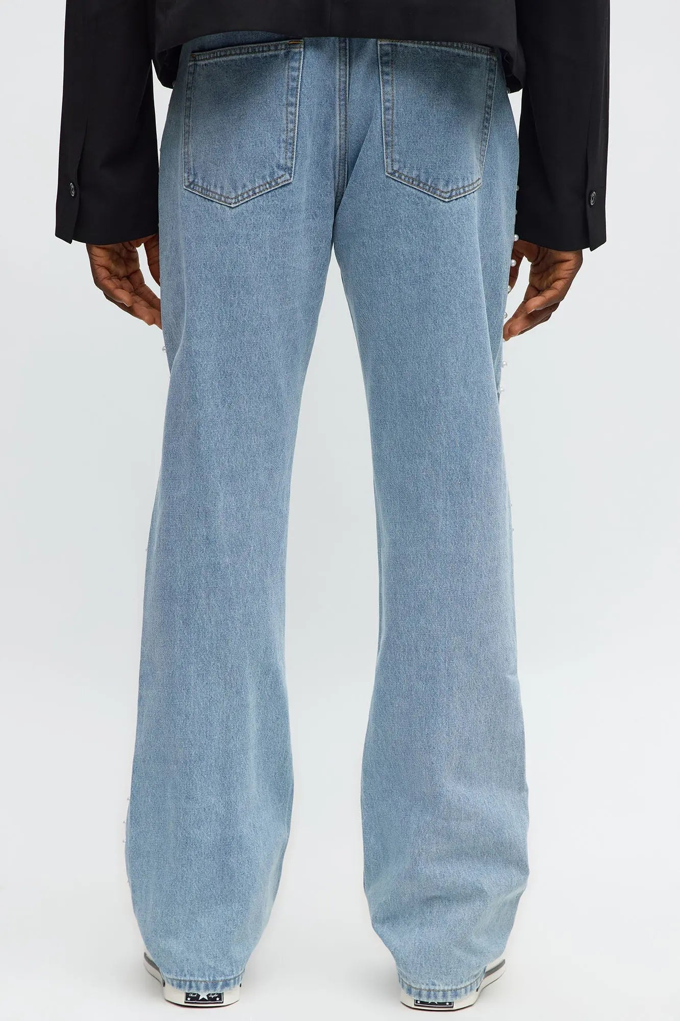 Stacked Slim Flare Pearls Along Side Jean - Light Wash