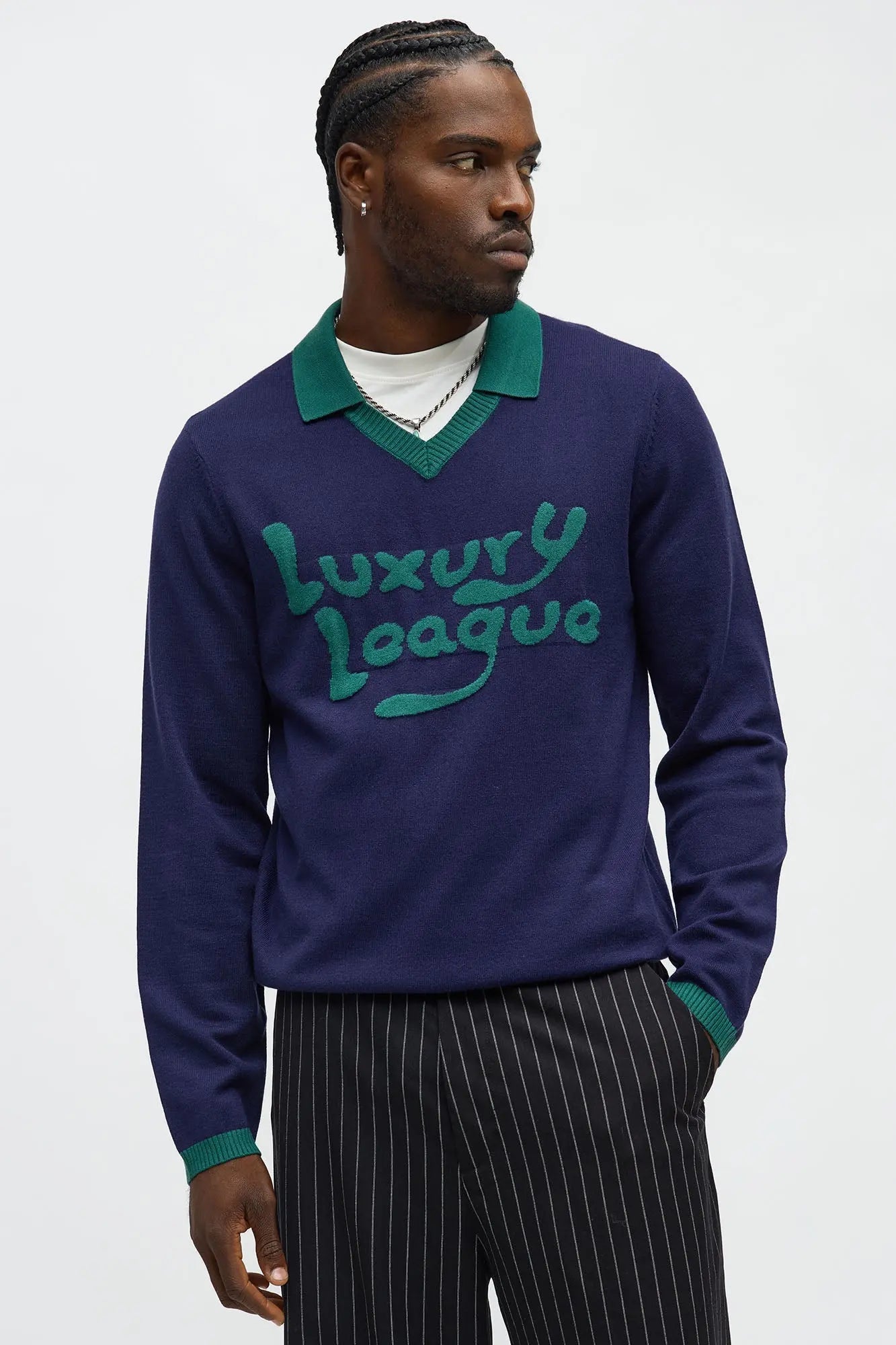 Luxury League Lightweight Knit Long Sleeve Polo - Navy/combo