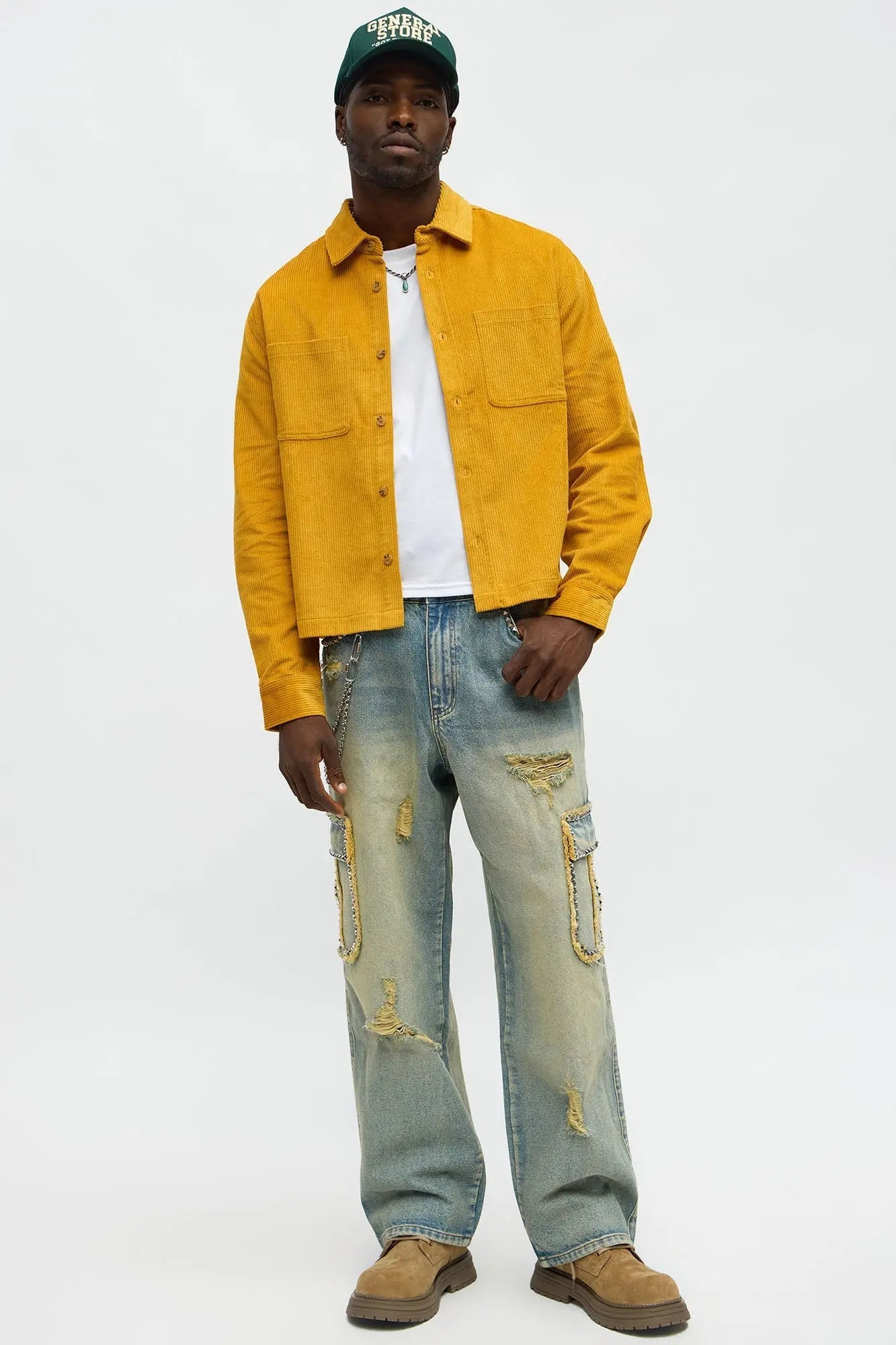 Cropped Corduroy Button Up Shirt - Mustard