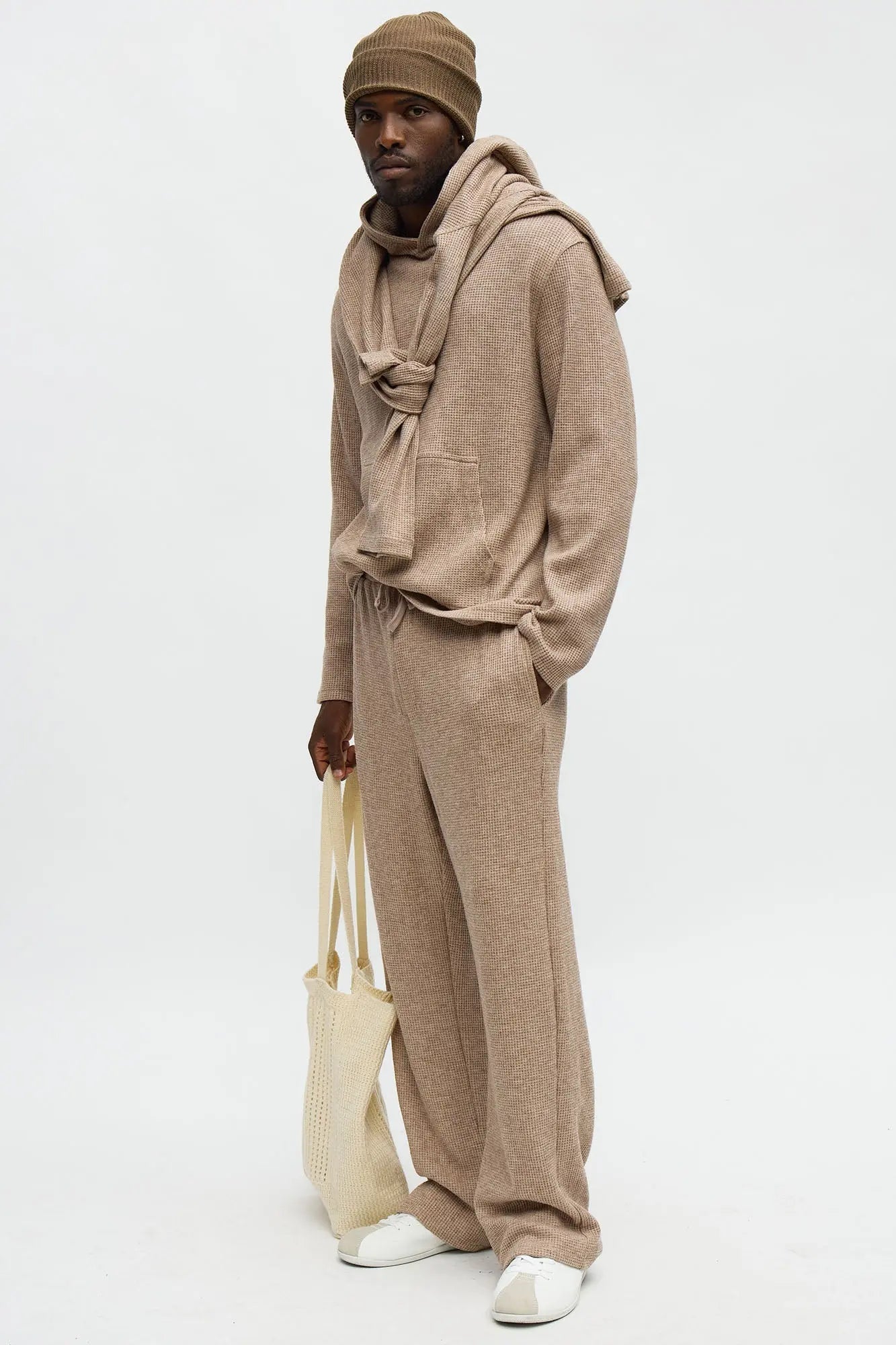 Cozy Waffle Textured Hoodie - Tan