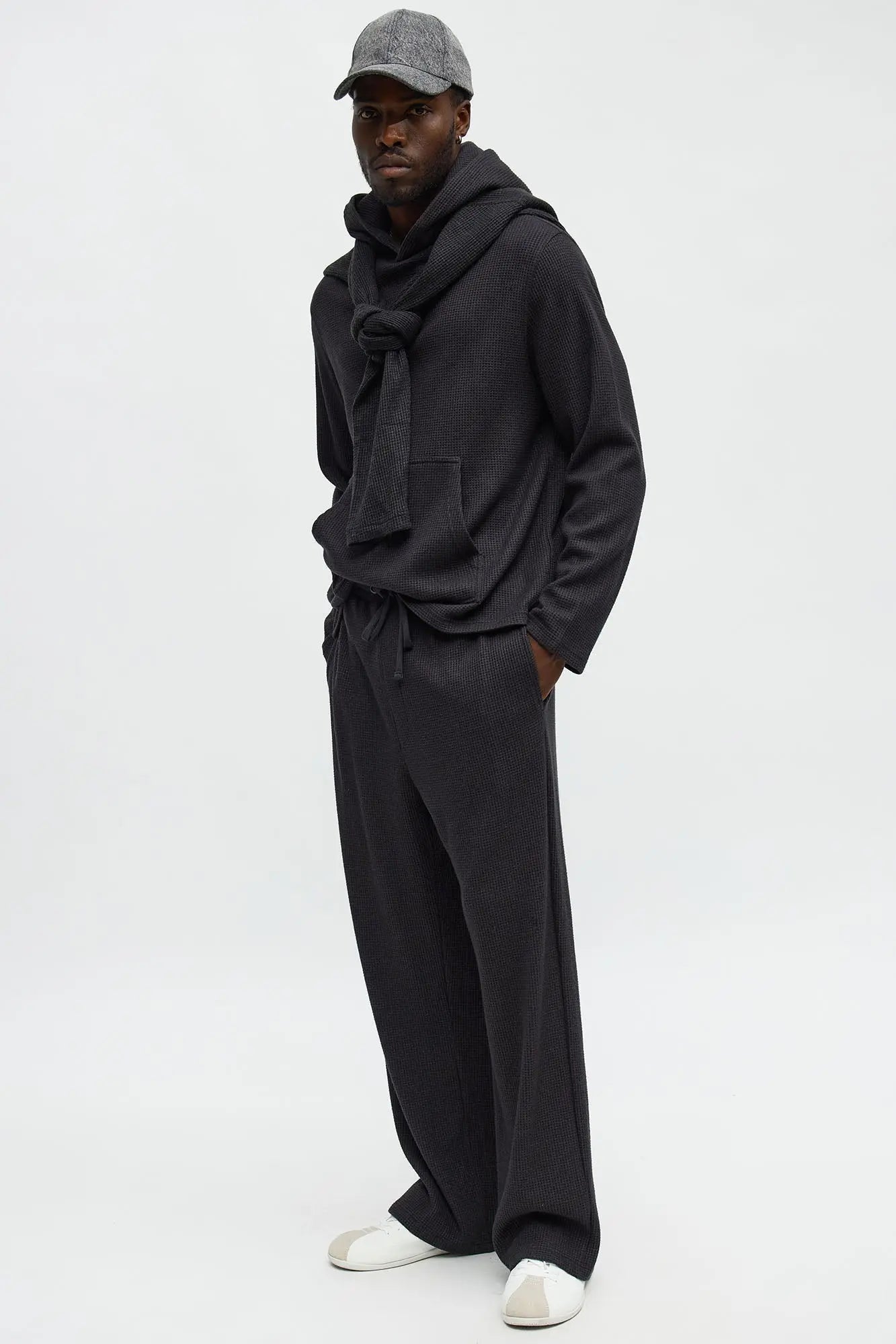 Cozy Waffle Textured Hoodie - Charcoal