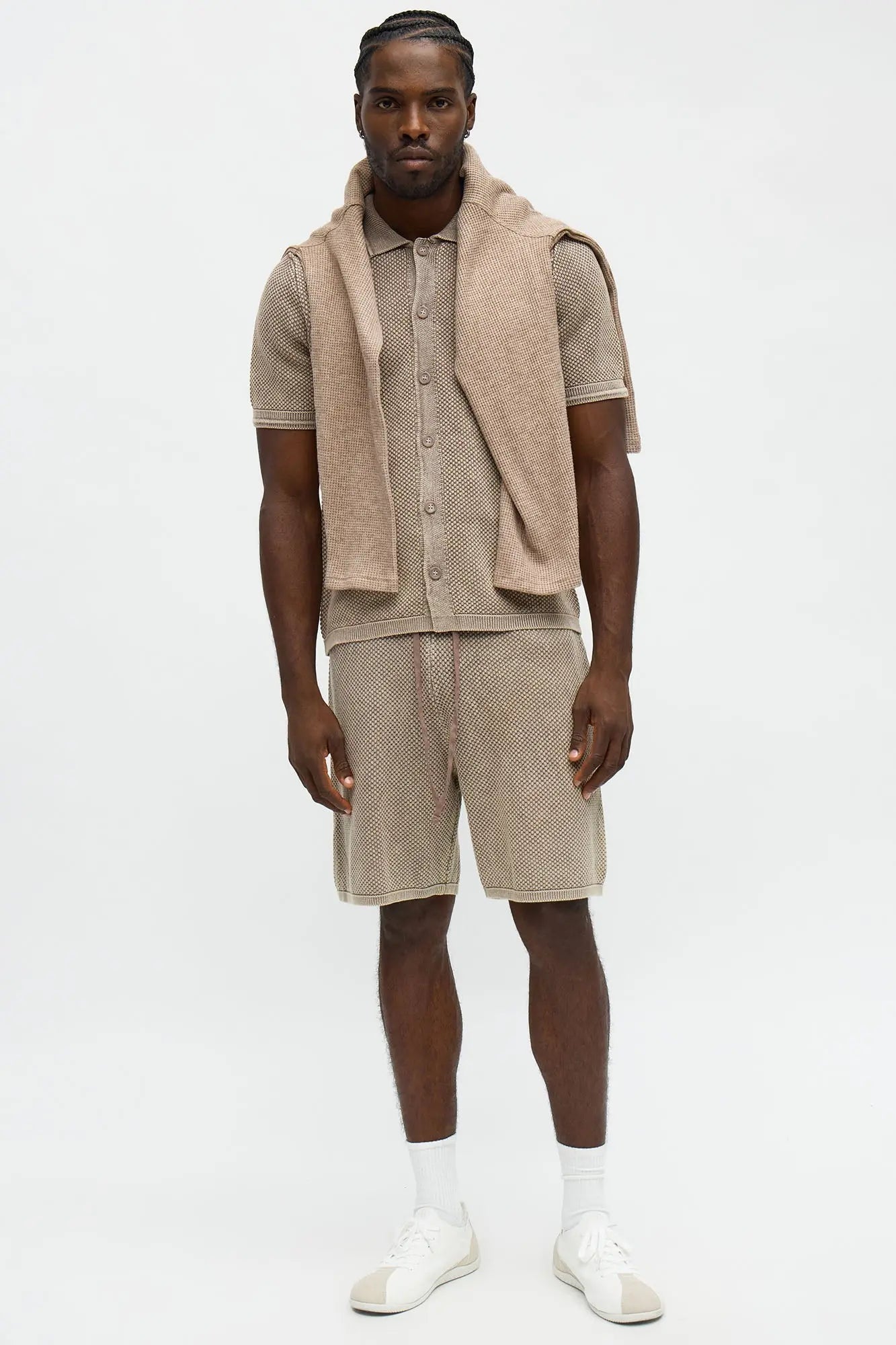 Washed Short Sleeve Button Up Shirt - Brown/combo