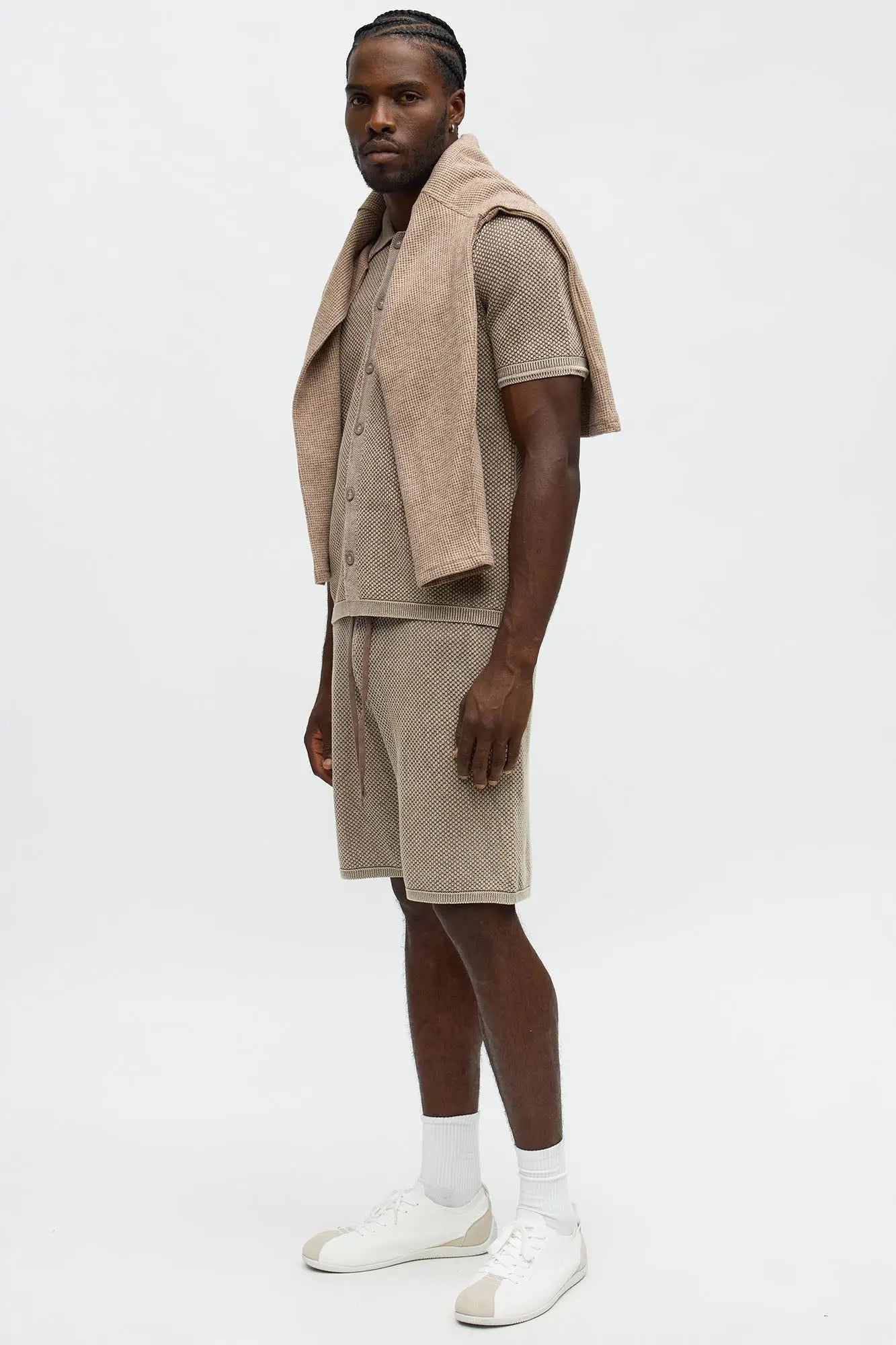 Washed Short Sleeve Button Up Shirt - Brown/combo
