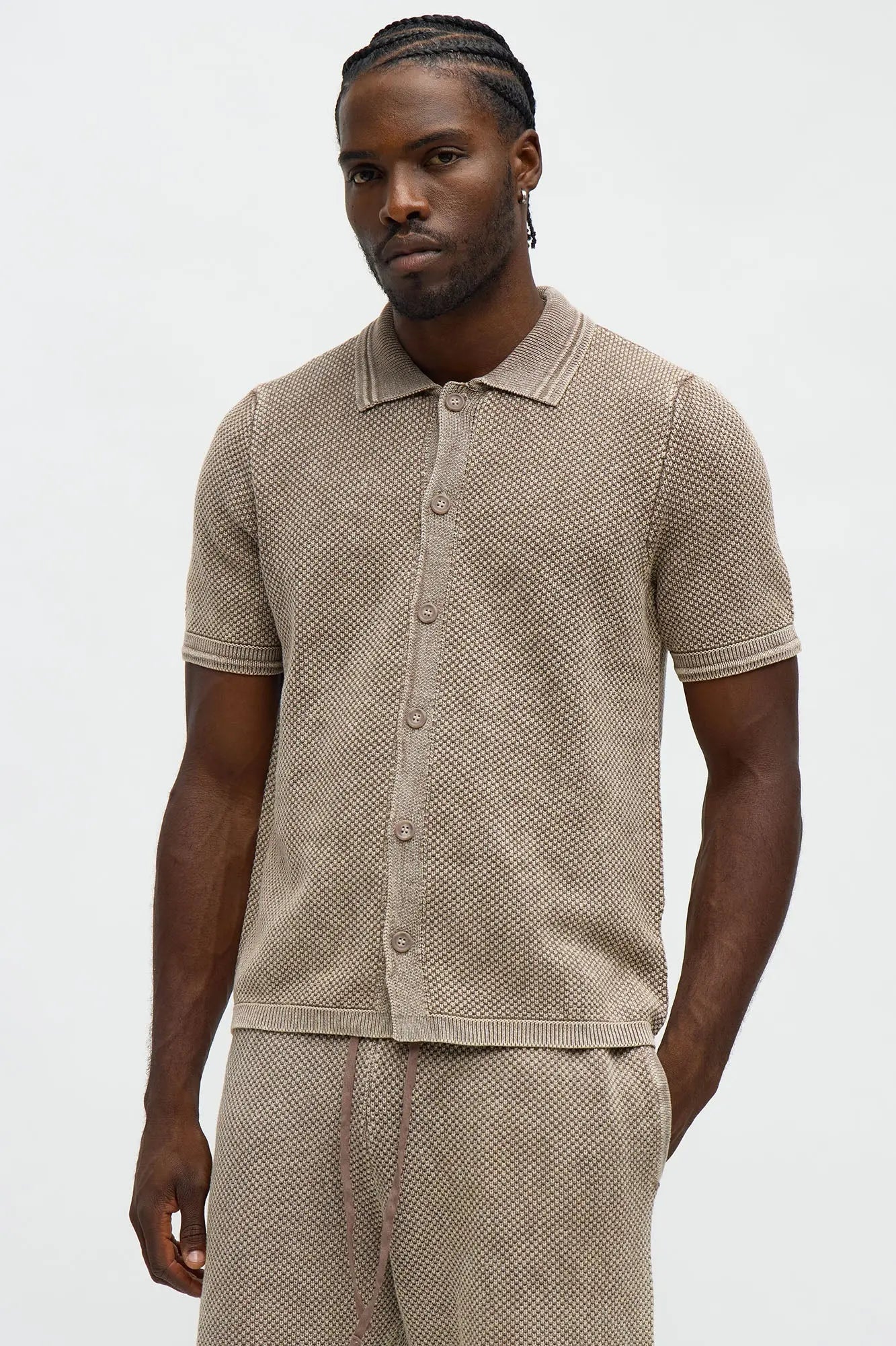 Washed Short Sleeve Button Up Shirt - Brown/combo