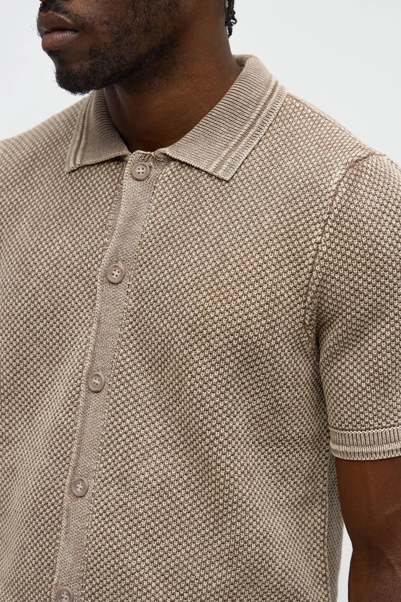 Washed Short Sleeve Button Up Shirt - Brown/combo