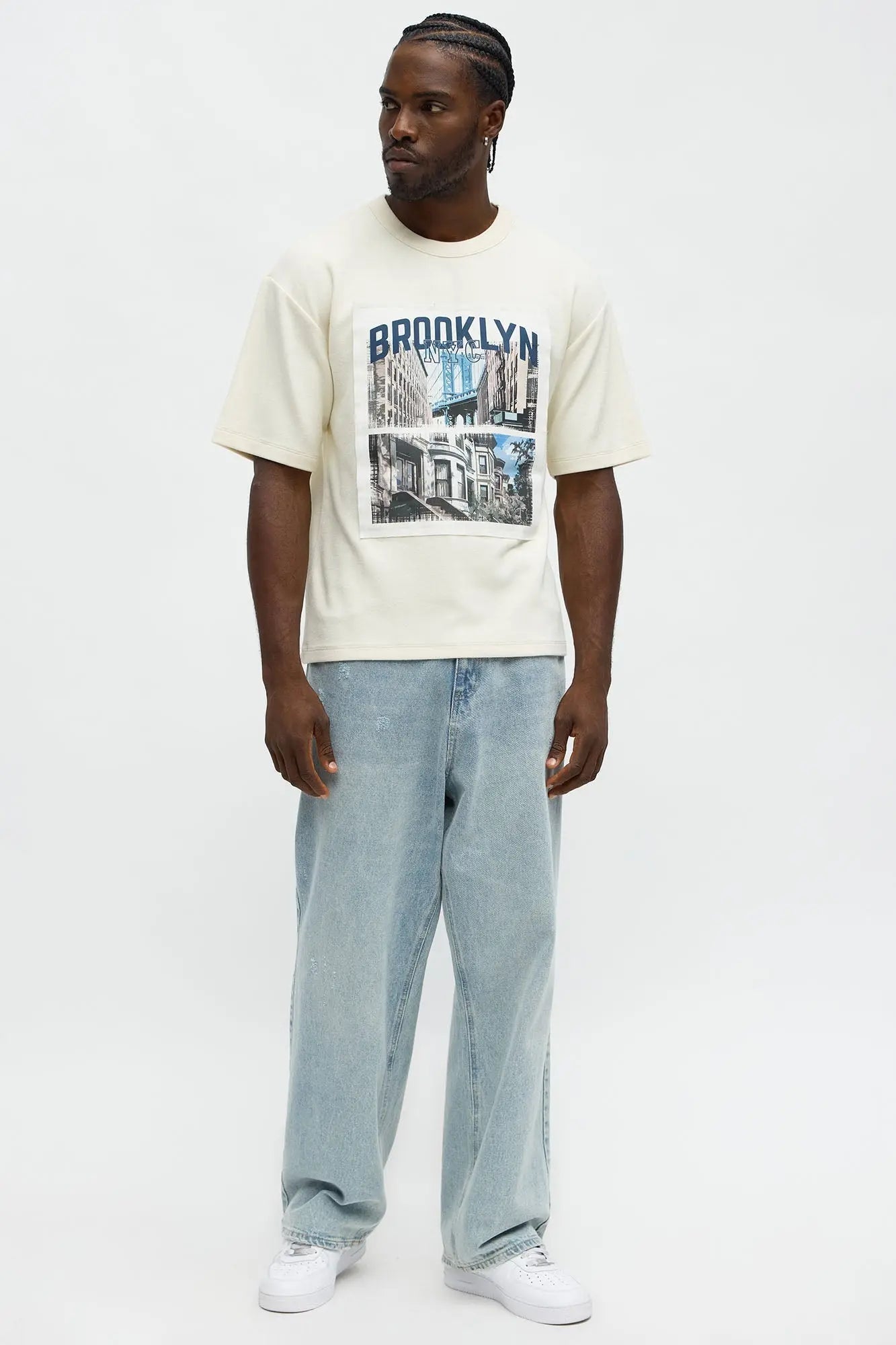 Relaxed Brooklyn NYC Frayed Patchwork Short Sleeve Tee - Off White/combo
