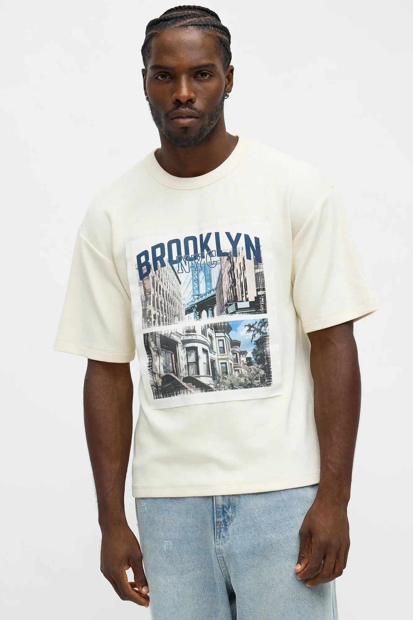 Relaxed Brooklyn NYC Frayed Patchwork Short Sleeve Tee - Off White/combo