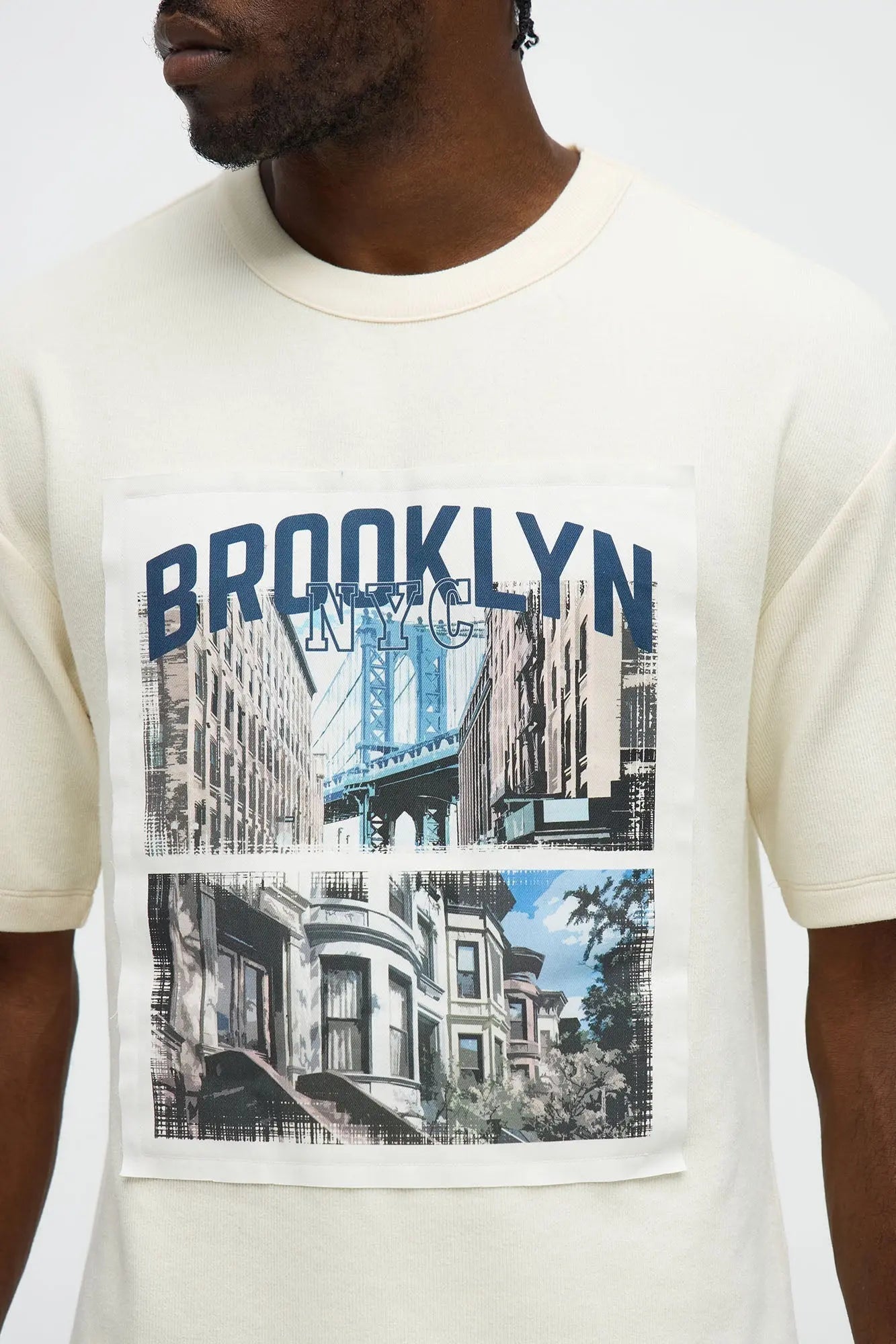 Relaxed Brooklyn NYC Frayed Patchwork Short Sleeve Tee - Off White/combo