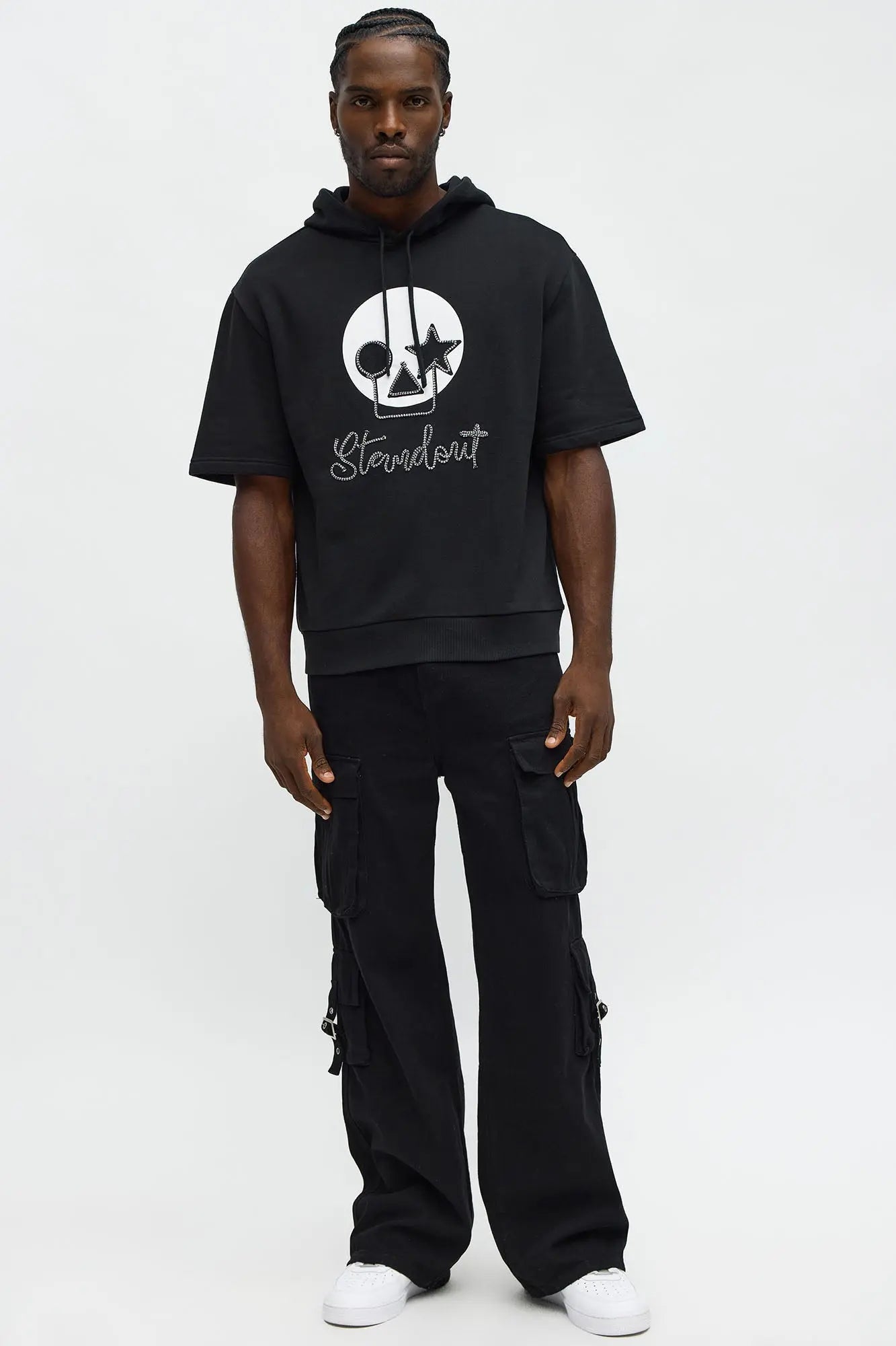 Standout Cording Short Sleeve Hoodie - Black