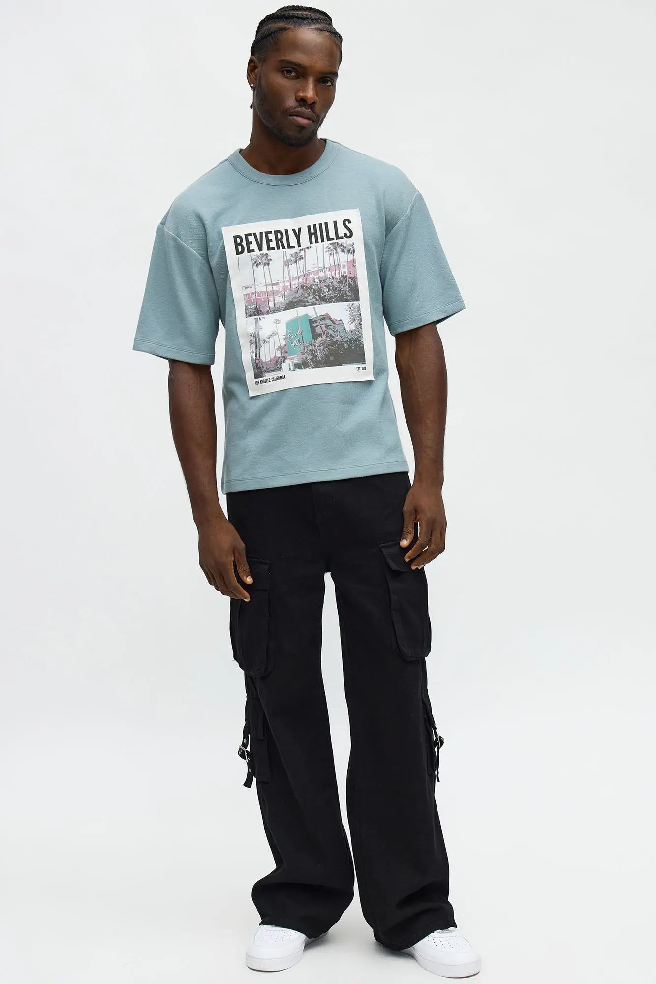 Relaxed Beverly Hills Frayed Patchwork Short Sleeve Tee - Blue/combo