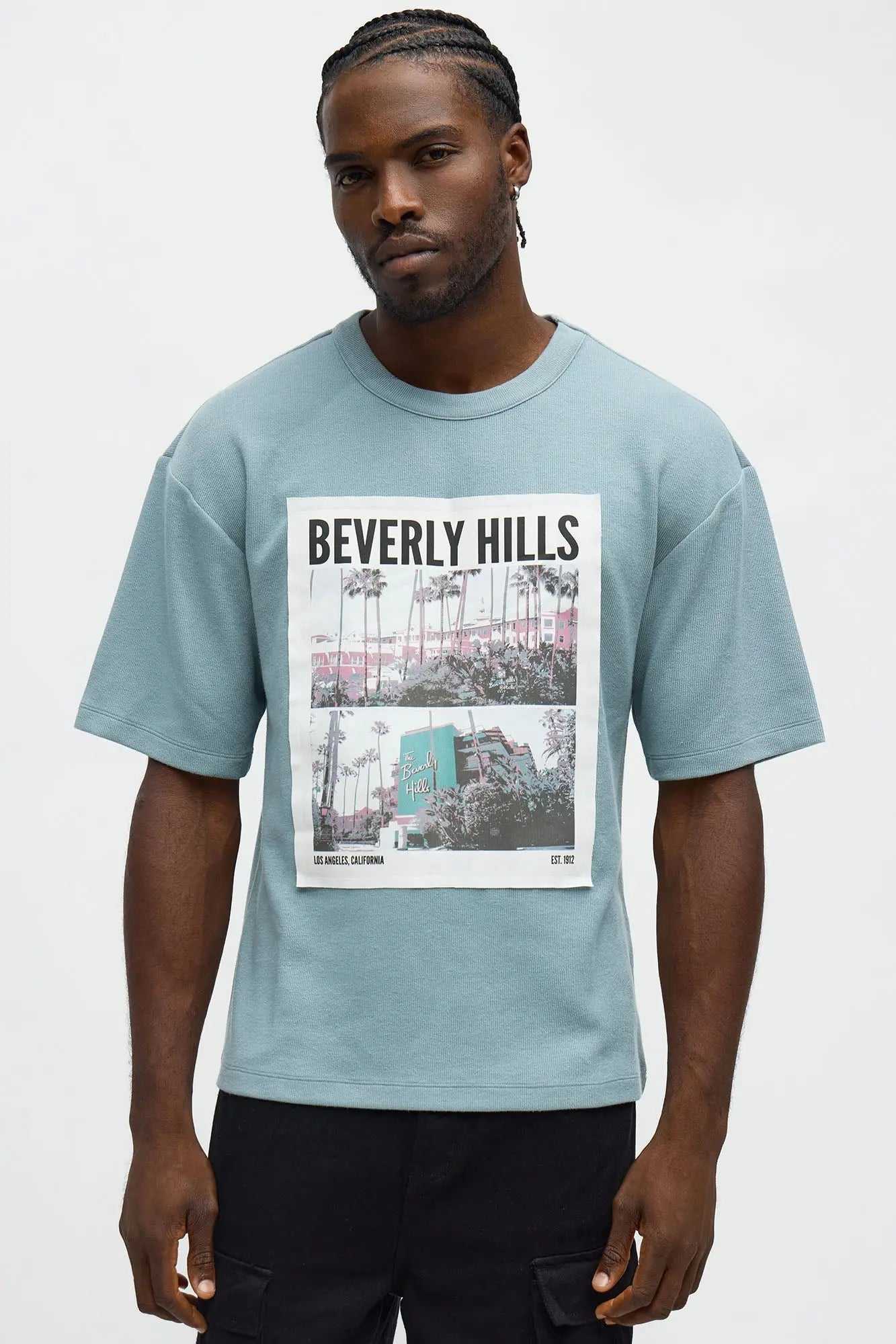 Relaxed Beverly Hills Frayed Patchwork Short Sleeve Tee - Blue/combo