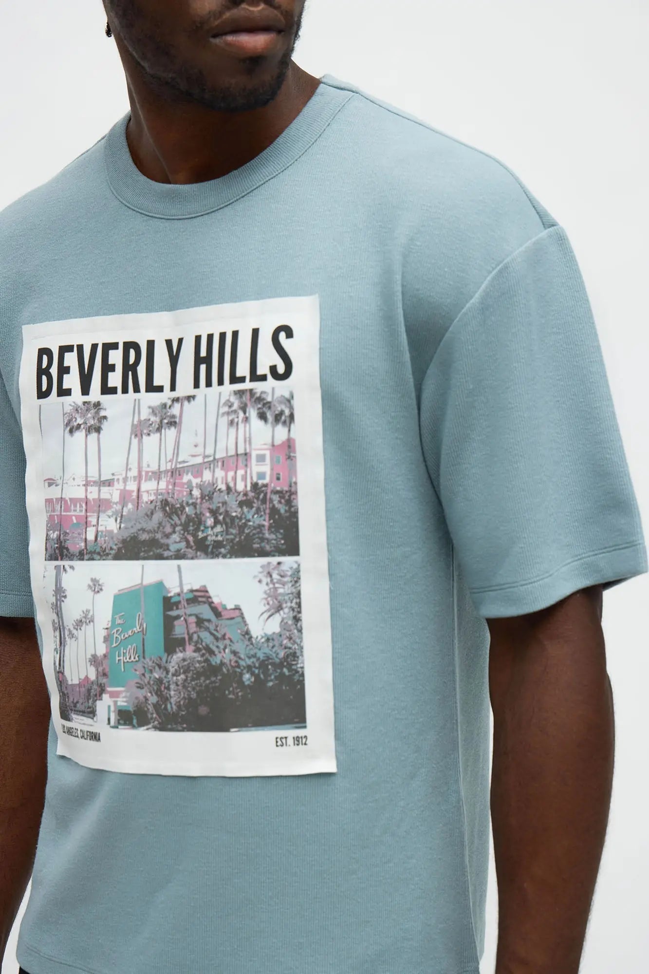 Relaxed Beverly Hills Frayed Patchwork Short Sleeve Tee - Blue/combo