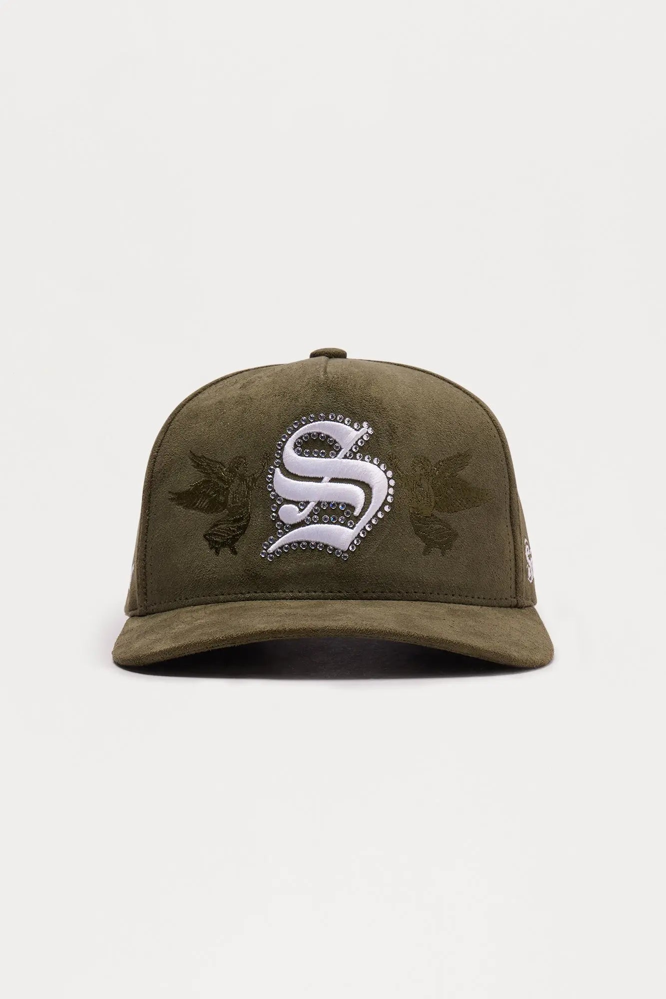 Cherub Embellished Faux Suede Structured Snapback Hat - Olive