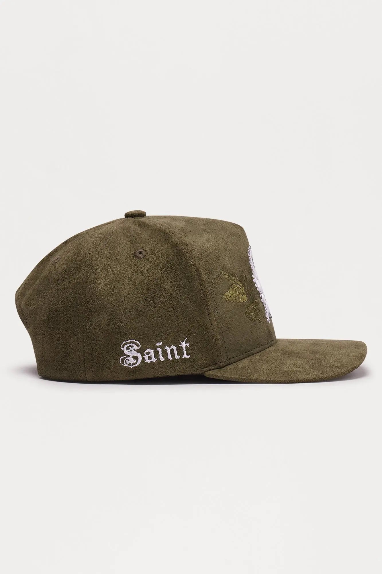 Cherub Embellished Faux Suede Structured Snapback Hat - Olive