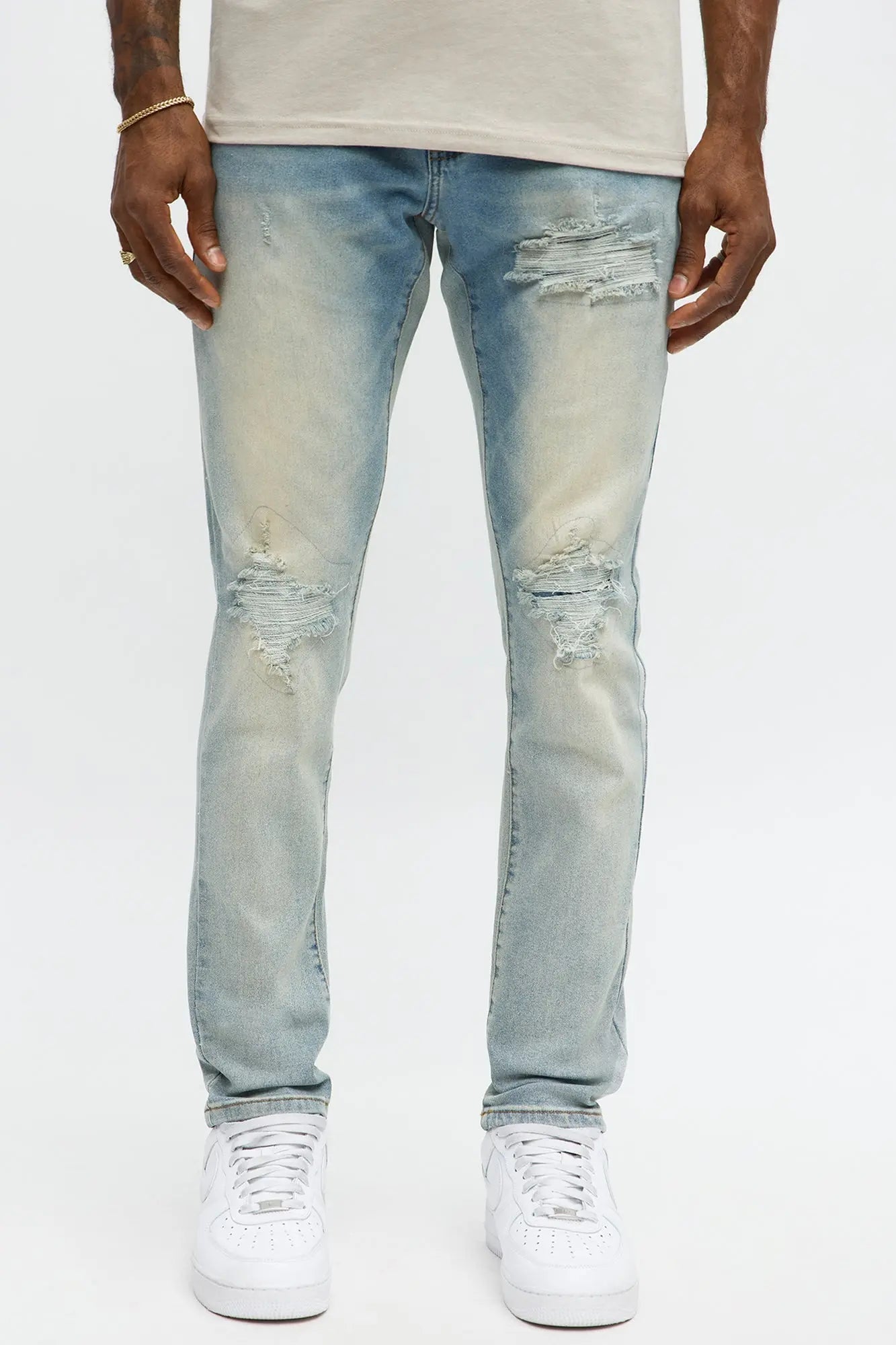 Skinny Destructed Repair With Plaid Jean - Light Blue Wash