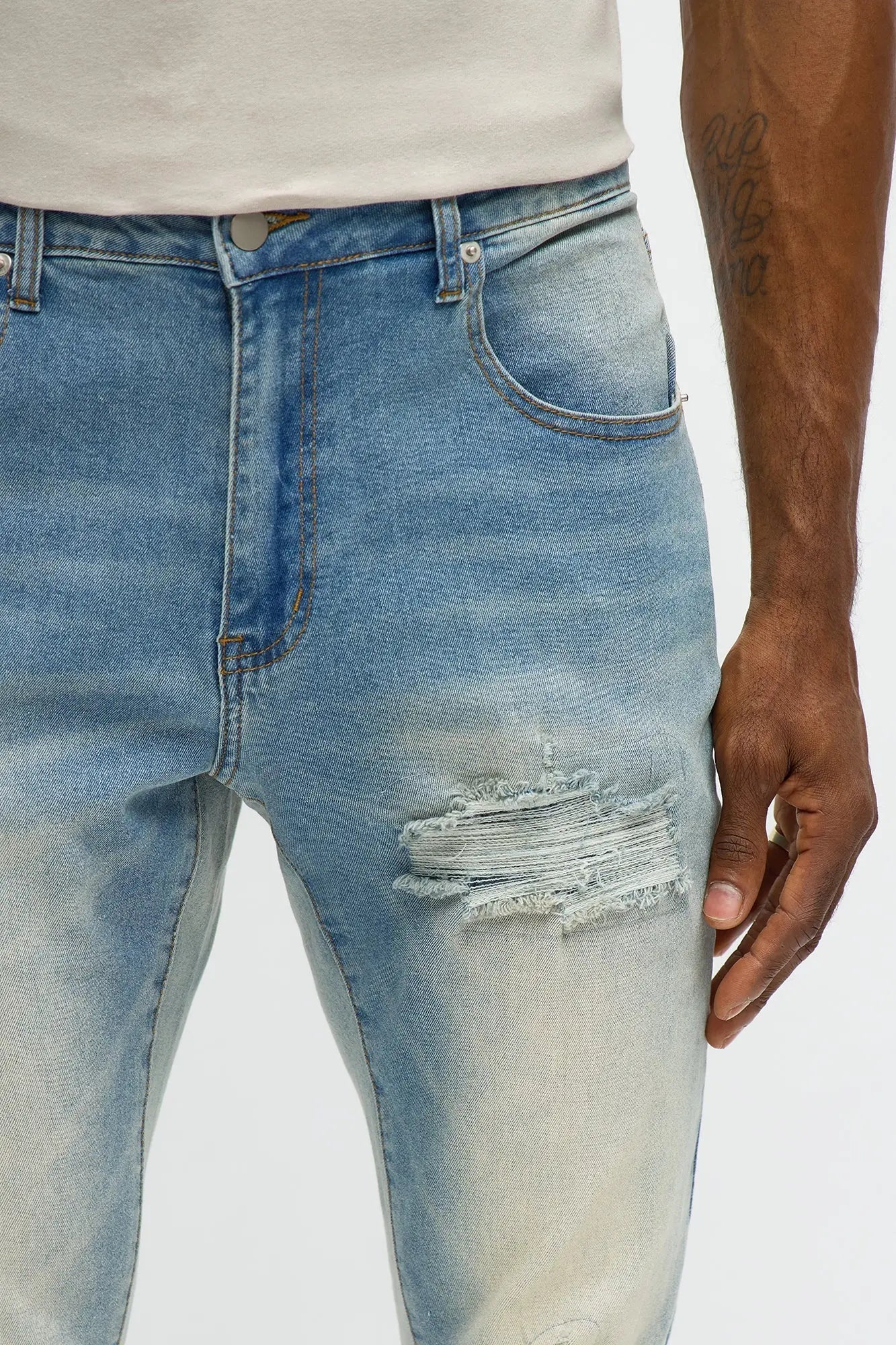 Skinny Destructed Repair With Plaid Jean - Light Blue Wash
