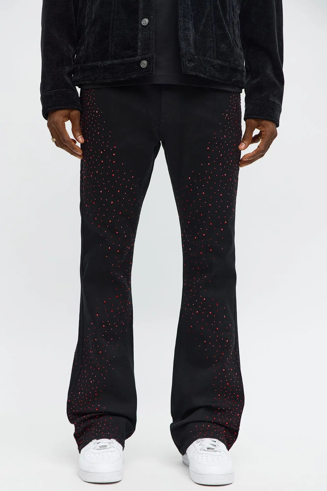 Stacked Skinny Flare Be Jeweled Up Pants - Black/Red
