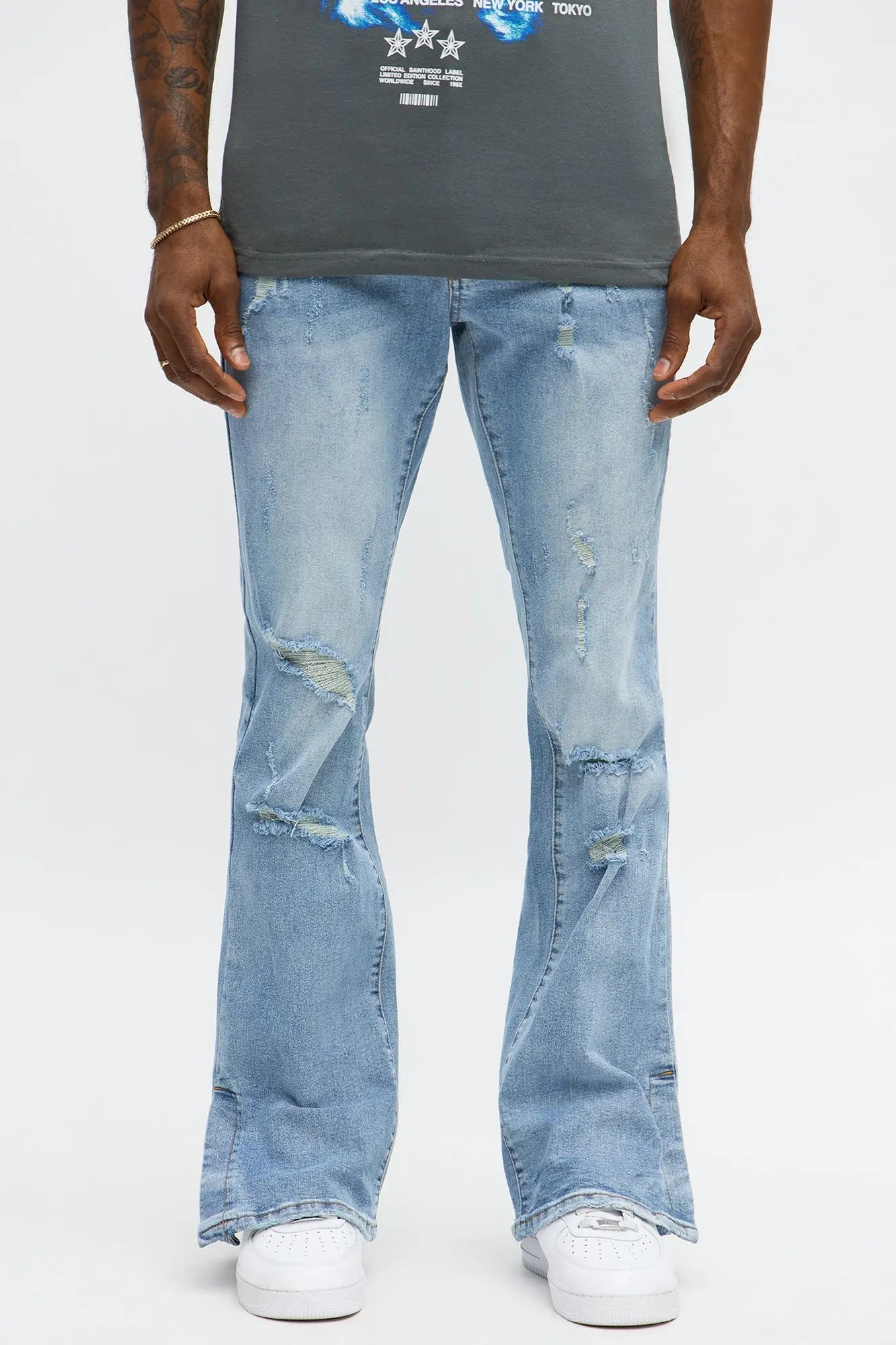Stacked Skinny Flare Slit Rebel Against Distressed Jean - Light Wash