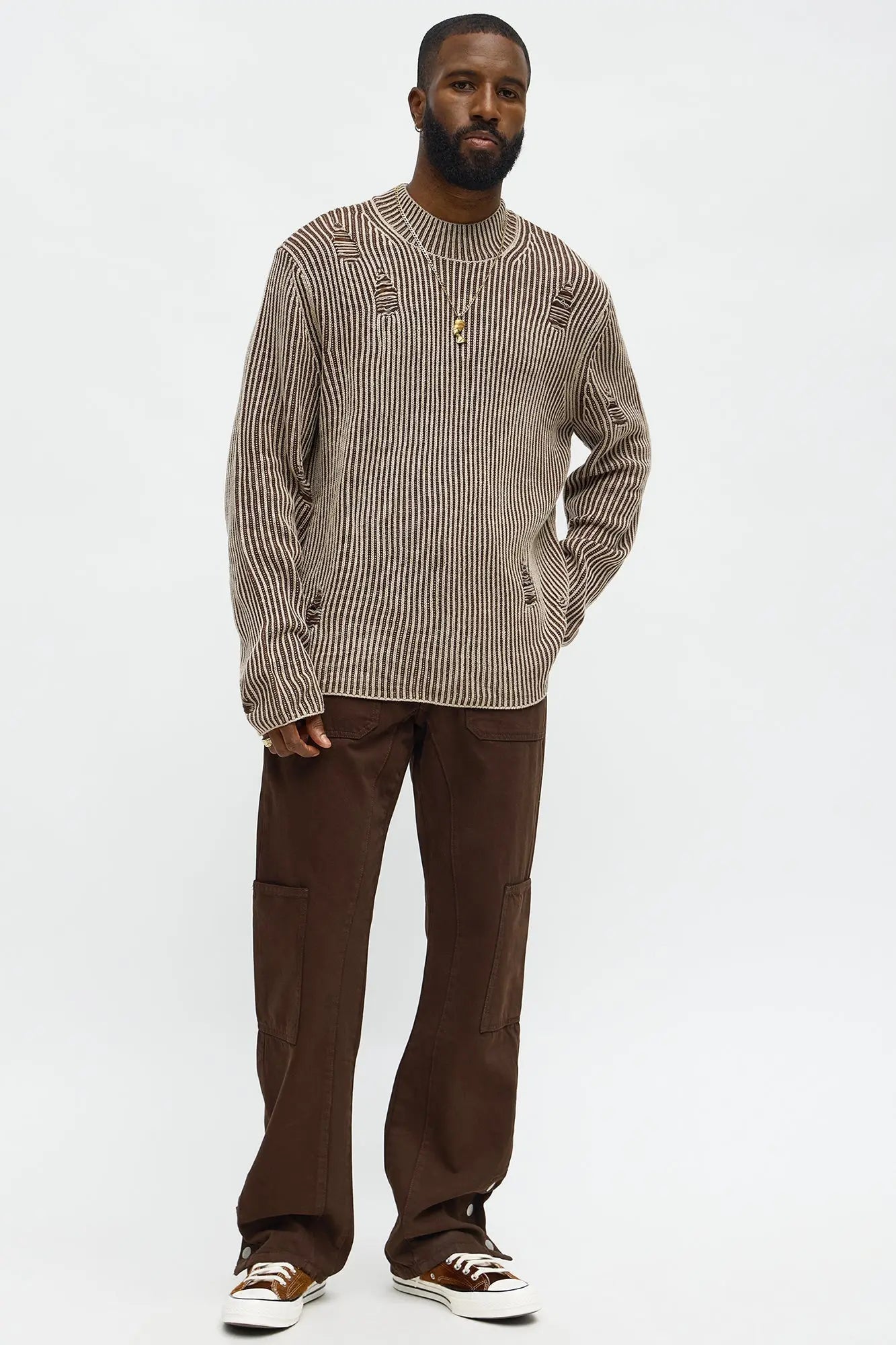 Cedarwood Distressed Mockneck Sweater - Brown Combo