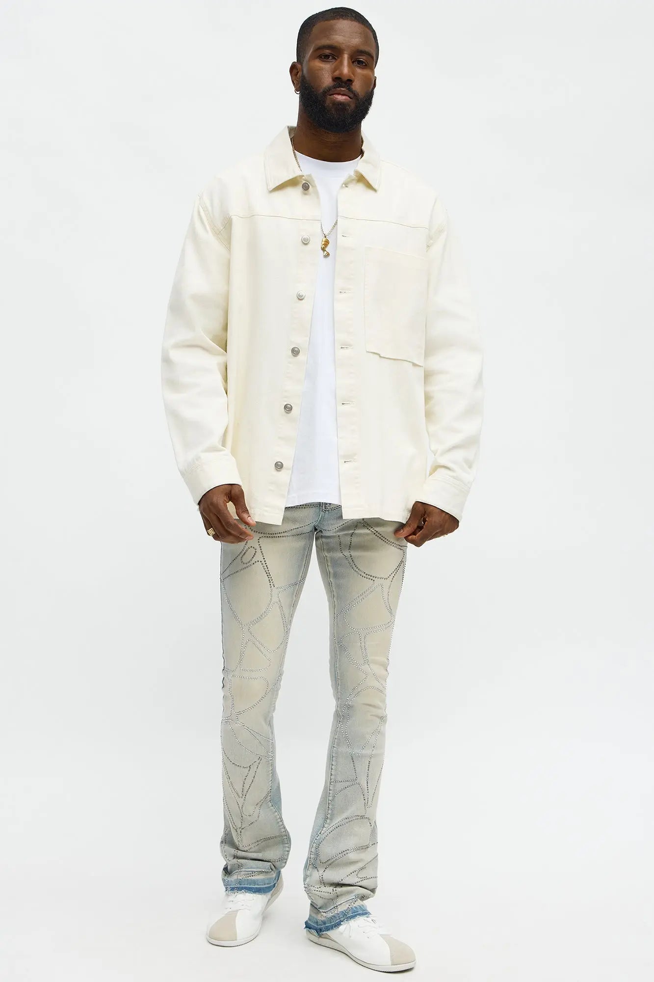 Stacked Skinny Flare Spider Web Jeweled Jean - Light Wash