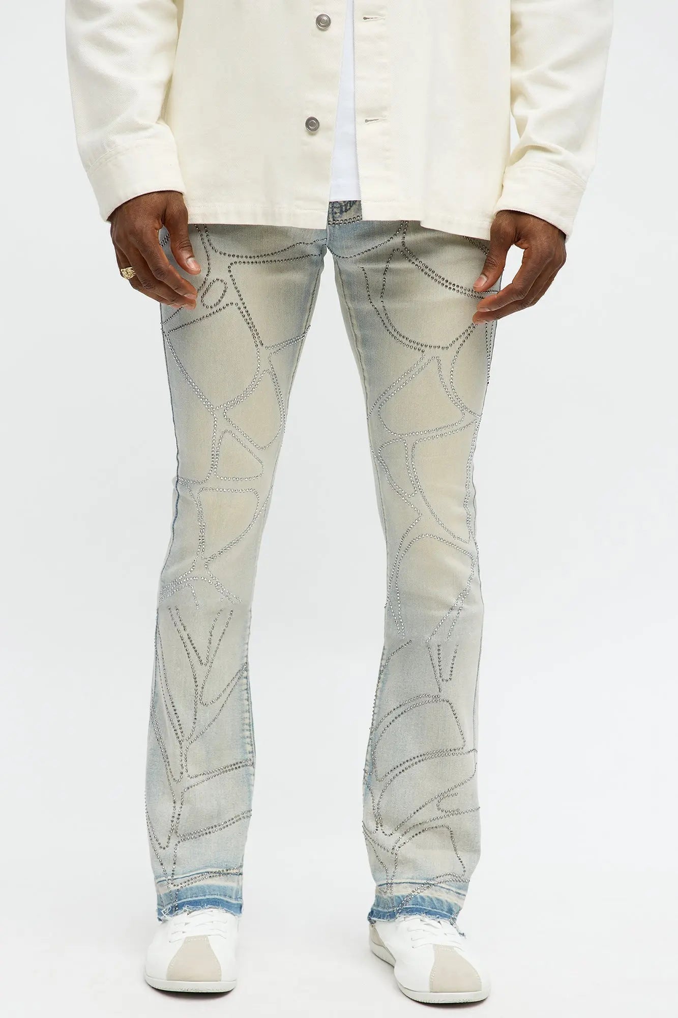 Stacked Skinny Flare Spider Web Jeweled Jean - Light Wash