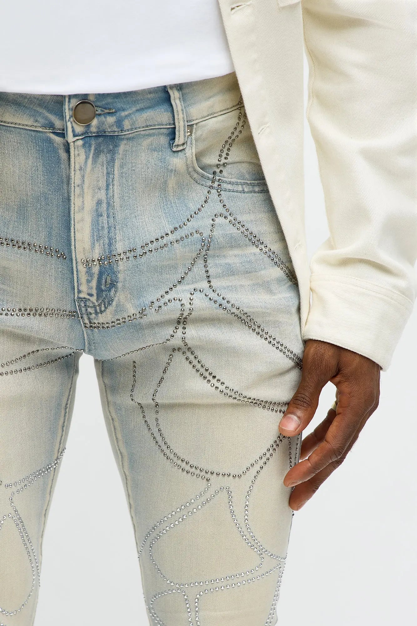 Stacked Skinny Flare Spider Web Jeweled Jean - Light Wash