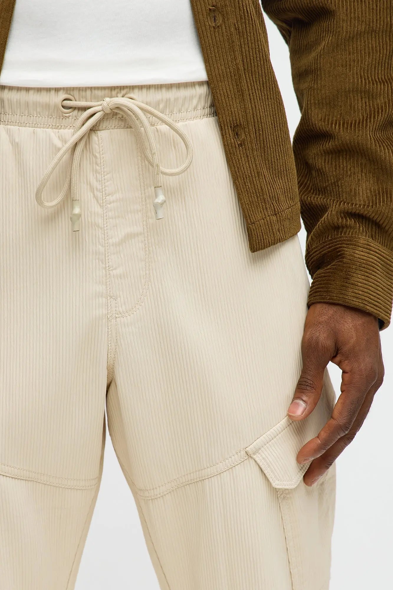 Slim Slanted Cargo Ribbed Pants - Cream