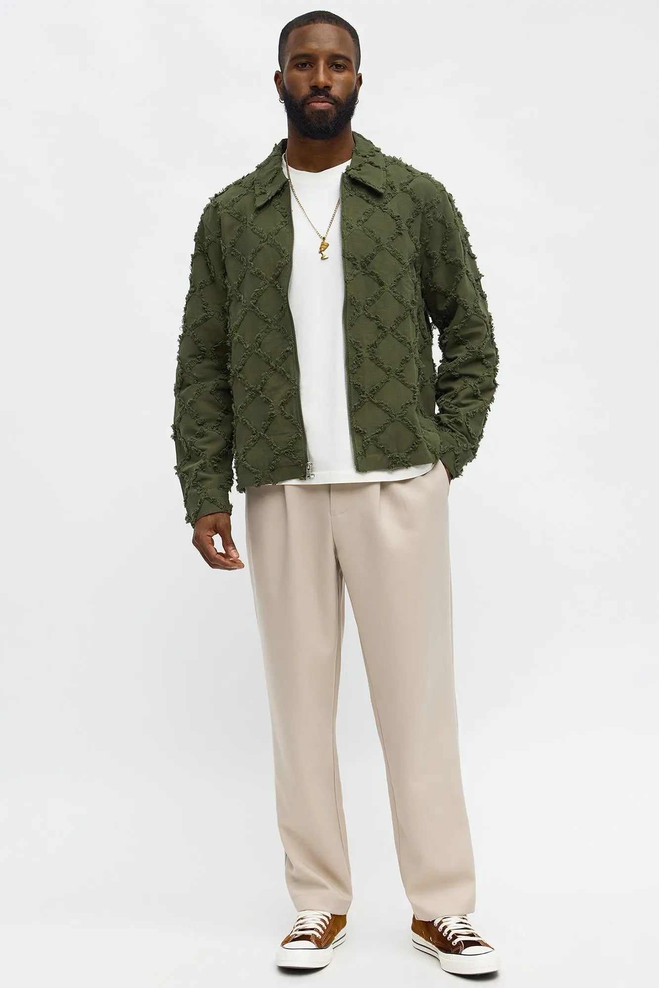 Textured Diamond Frayed Work Jacket - Green